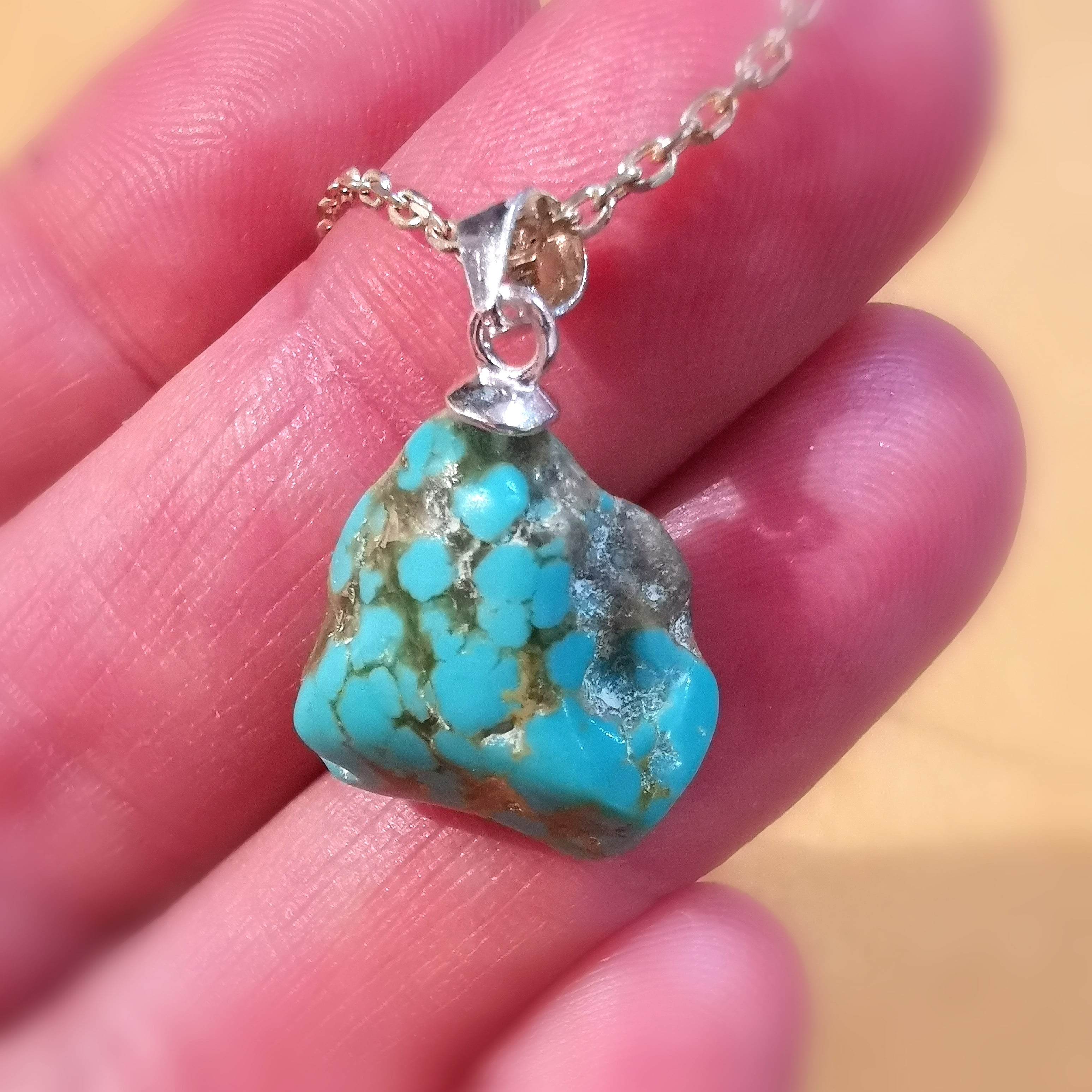 Türkis Nugget Sterlingsilber Karma Kette, Tibet Heilstein, Chakra Edelstein geweiht, mit Herz und Verstand