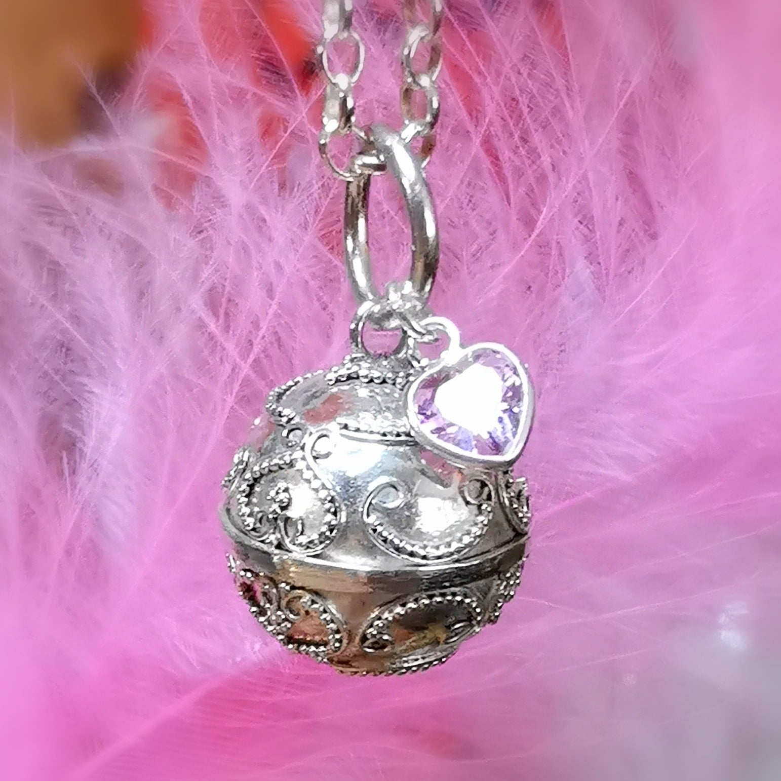Engelsrufer Klangkugel Zirkon Pink Herz Charm, Sterlingsilber Edelstein Karma Kette 70 cm, geweiht #mitLiebe
