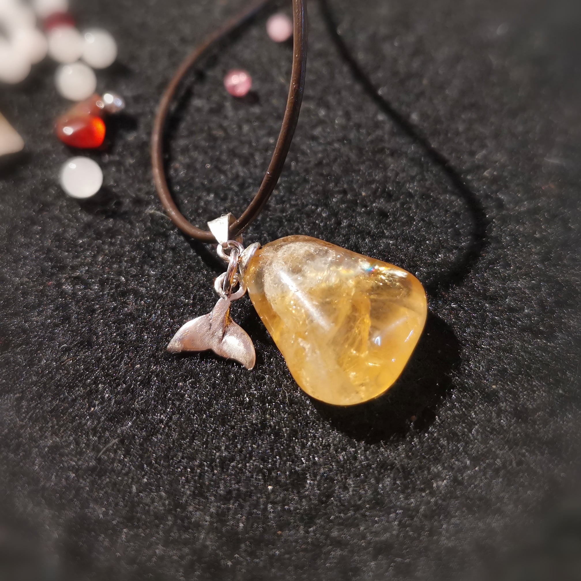 Citrin gelb Sonnenlicht Walflosse Naturstein Edelstein Heilstein Karma Kette Leder, geweiht - Sonnenseite des Lebens