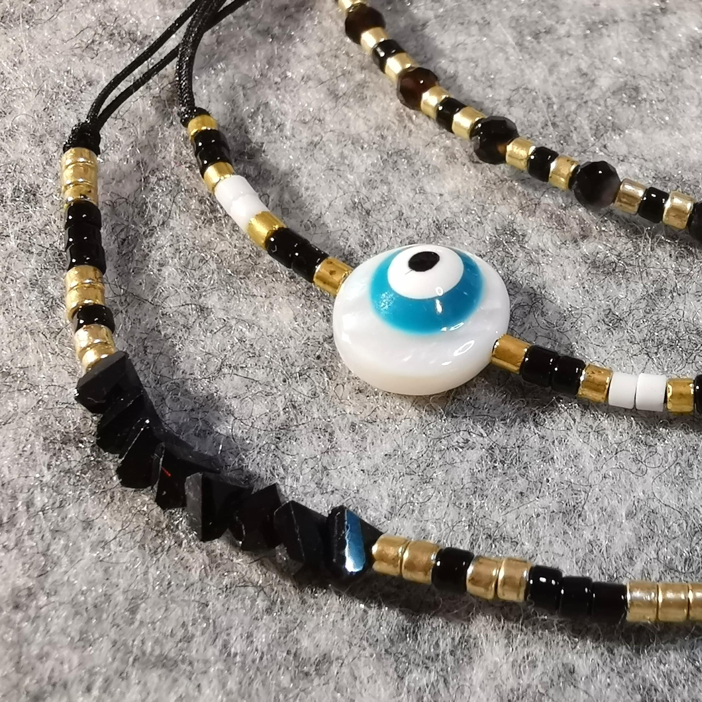 Armband 3er Set schwarz gold mit Onyx und Auge von Nazar, Perlmutt, Karma Armbändchen, Schutz und Kraft