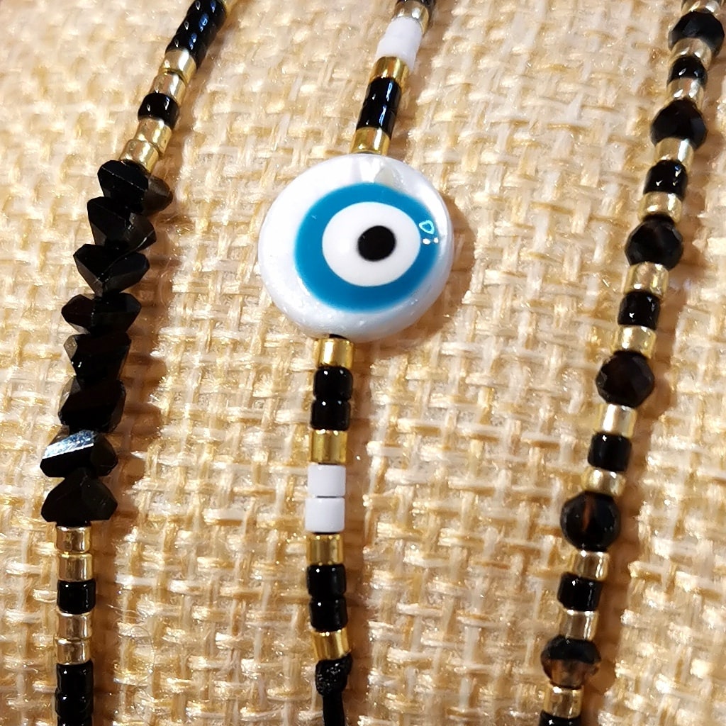 Armband 3er Set schwarz gold mit Onyx und Auge von Nazar, Perlmutt, Karma Armbändchen, Schutz und Kraft