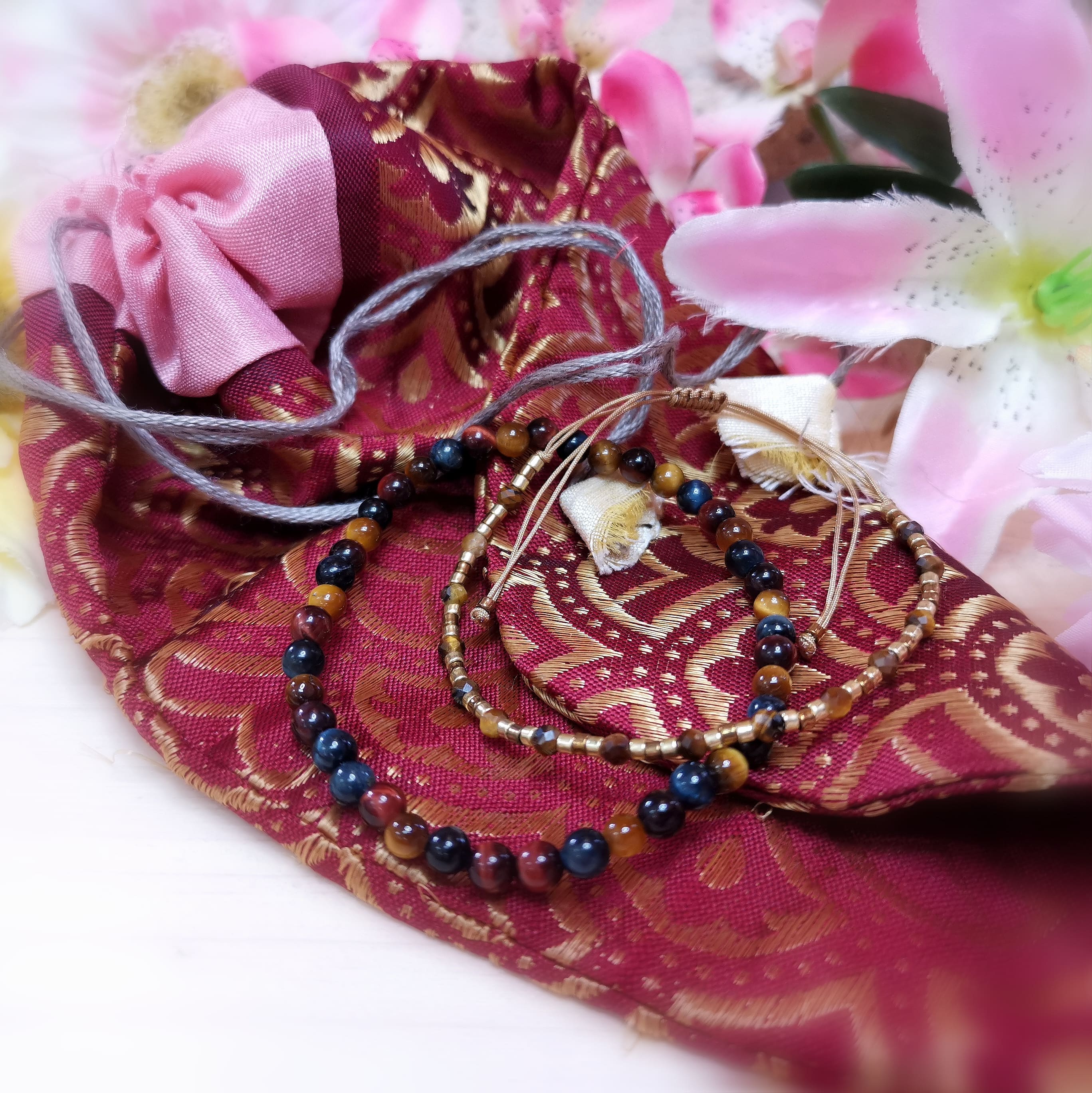 Tigerauge Tigereisen Falkenauge Edelstein Armband Karma Armband Boho Geschenkset, geweiht - Lebensmut