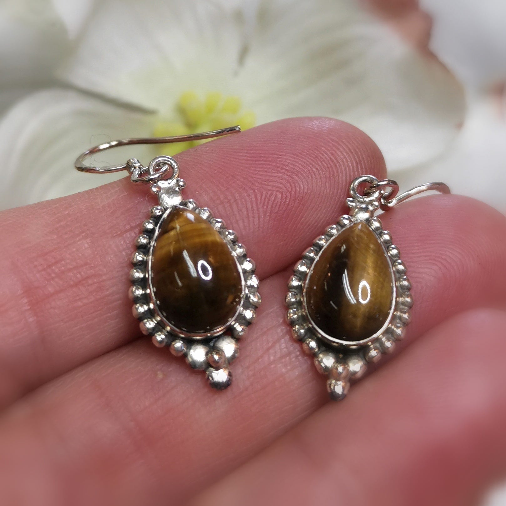 Tigerauge Tropfen Ohrringe Ohrschmuck Bali Edelstein Heilstein Sterlingsilber - Mutmacher