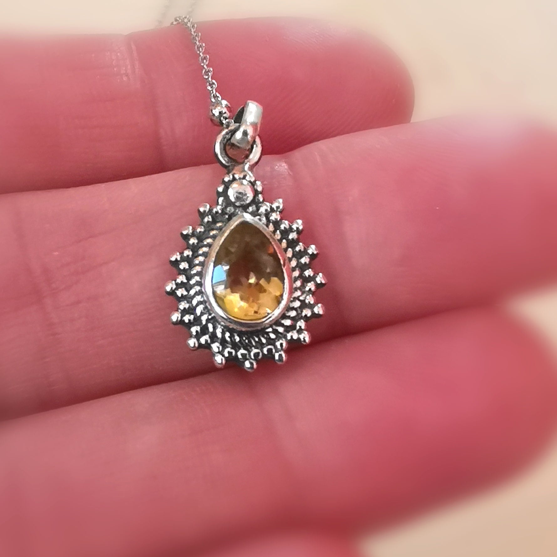 Citrin Edelstein Tropfen Sterlingsilber Kette, Karma Heilstein geweiht, Bali Style - Lebensmut