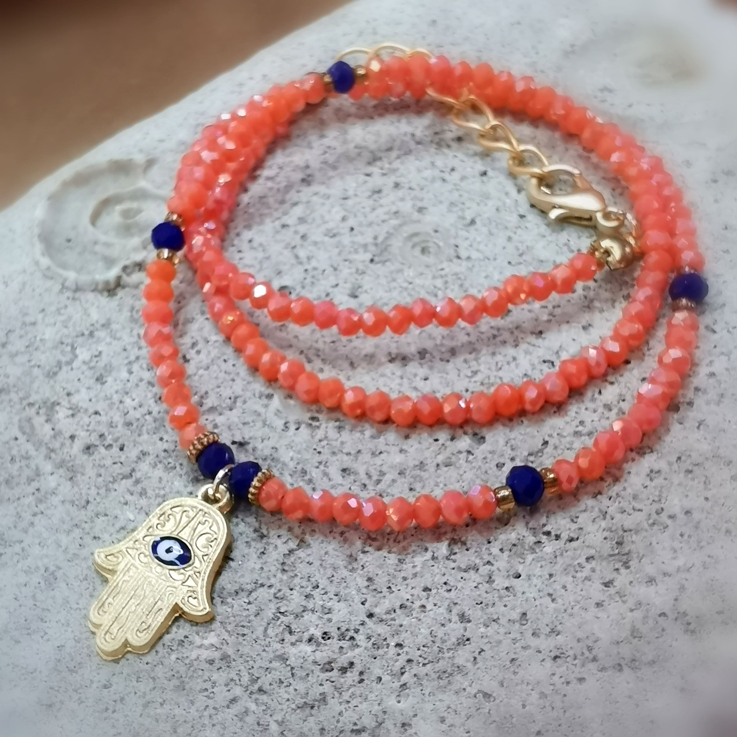 Auge von Nazar Fatimas Hand Kette, Schutzamulett Collier, indischer Modeschmuck orange aprikot