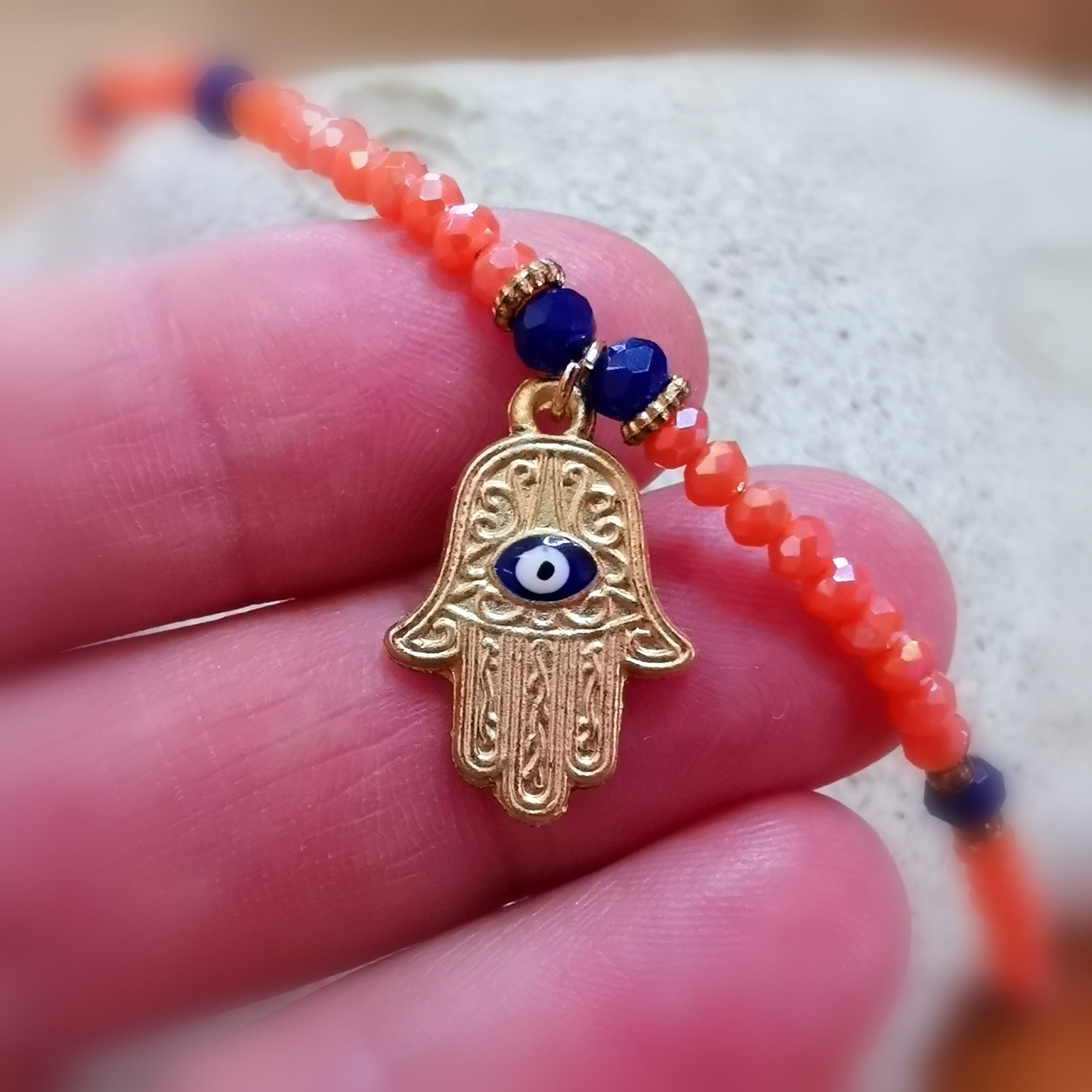 Auge von Nazar Fatimas Hand Kette, Schutzamulett Collier, indischer Modeschmuck orange aprikot