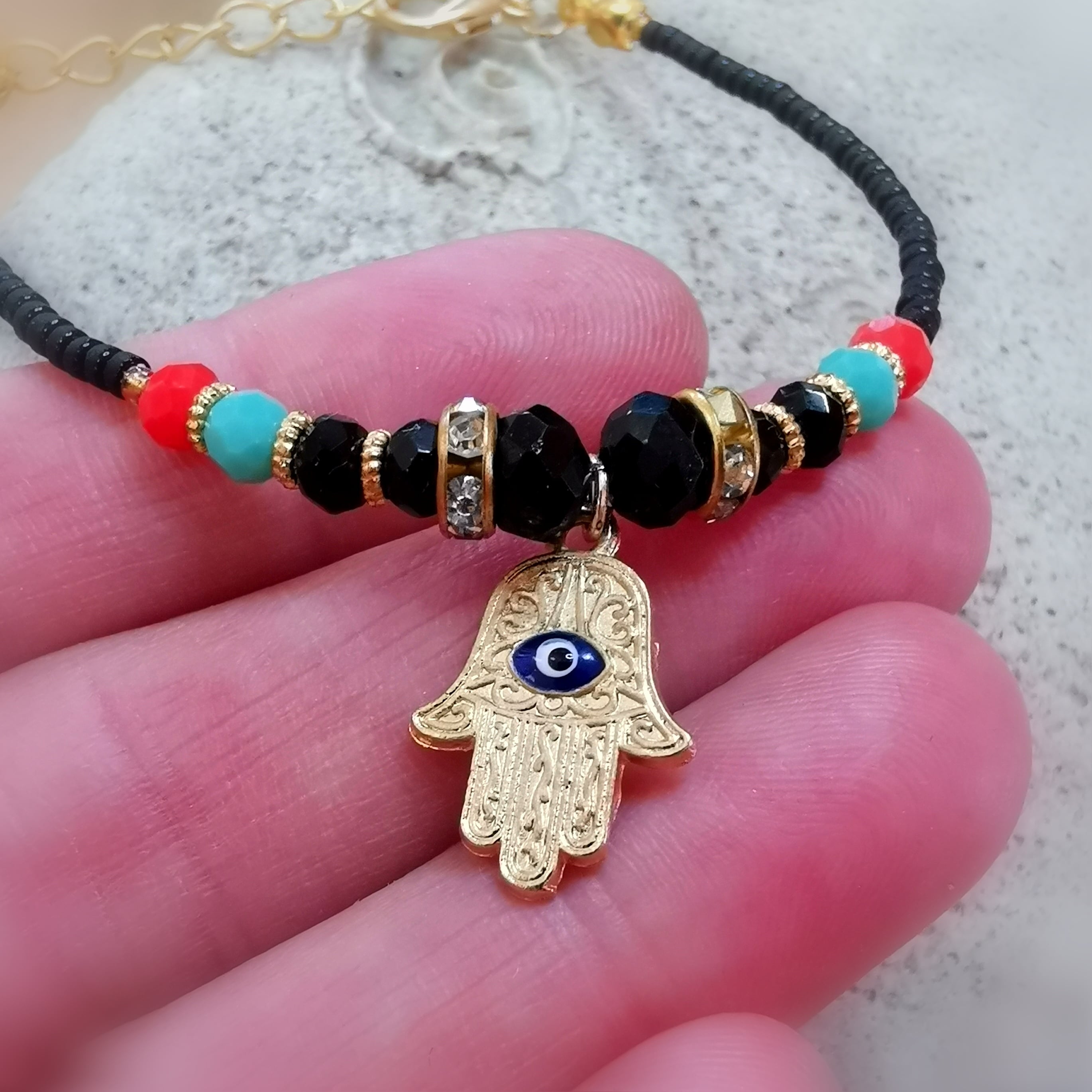 Boho Armband Talisman Karma Schmuck schwarz, Schützende Hand Fatimas und Auge von Nazar