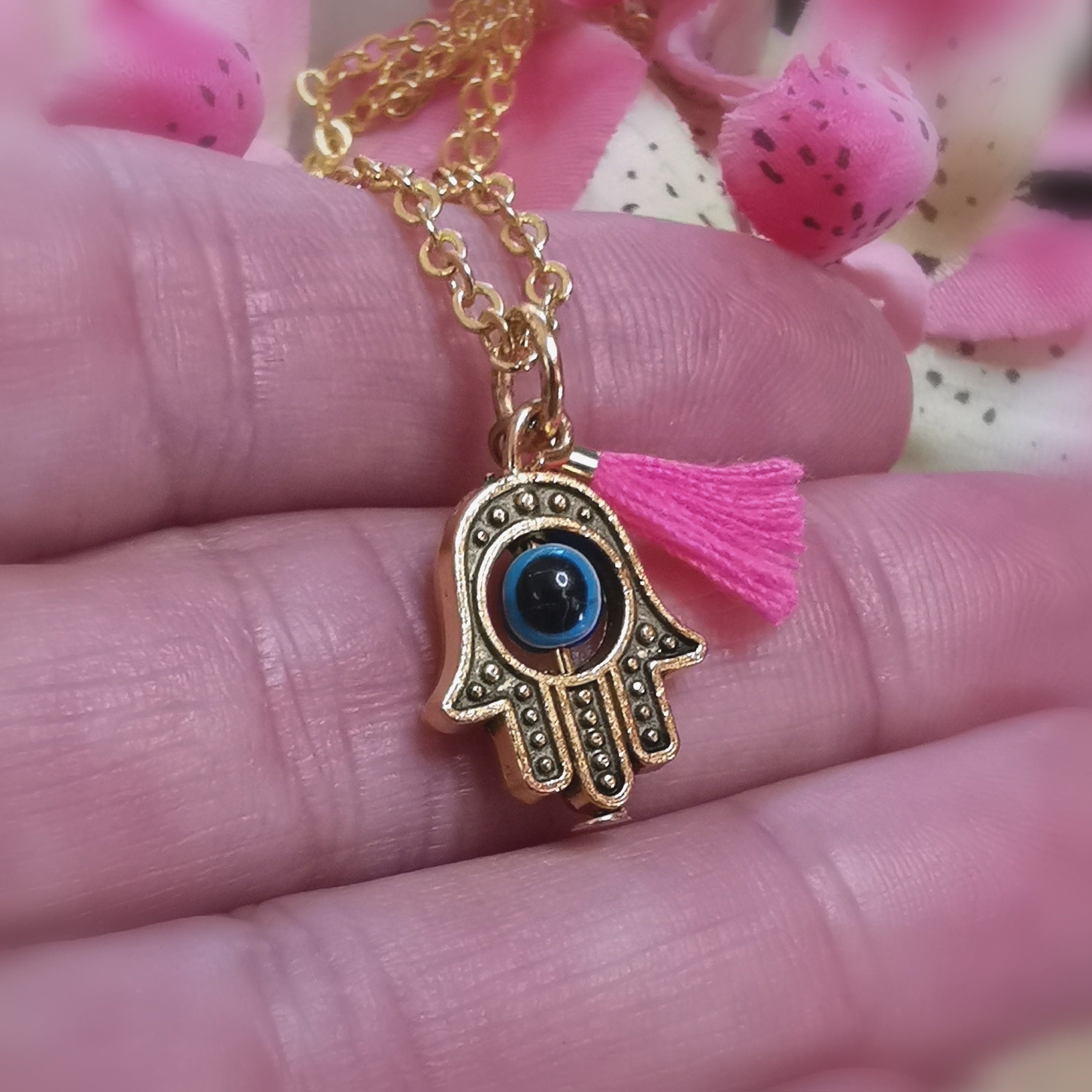 protective Fatima's hand boho karma necklace gold, protective amulet with pink tassel