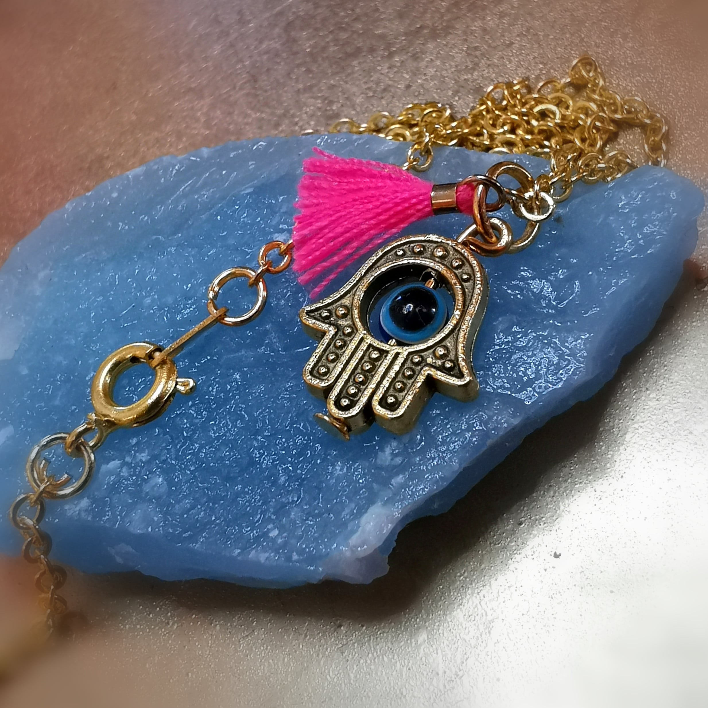 protective Fatima's hand boho karma necklace gold, protective amulet with pink tassel
