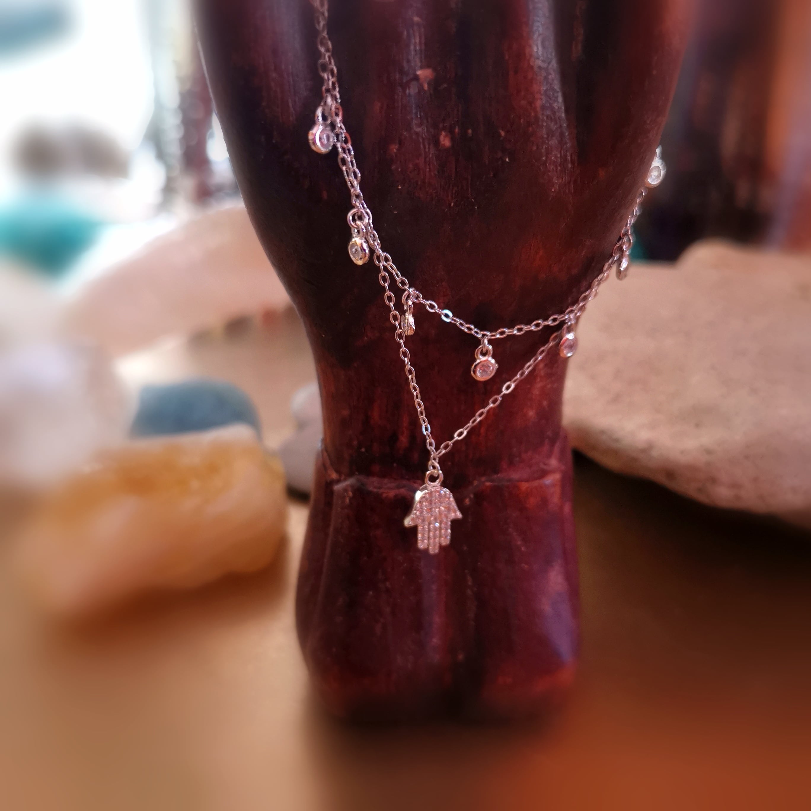 schützende Hand Fatimas Boho Karma Kette Doppelkette Sterlingsilber mit Zirkon
