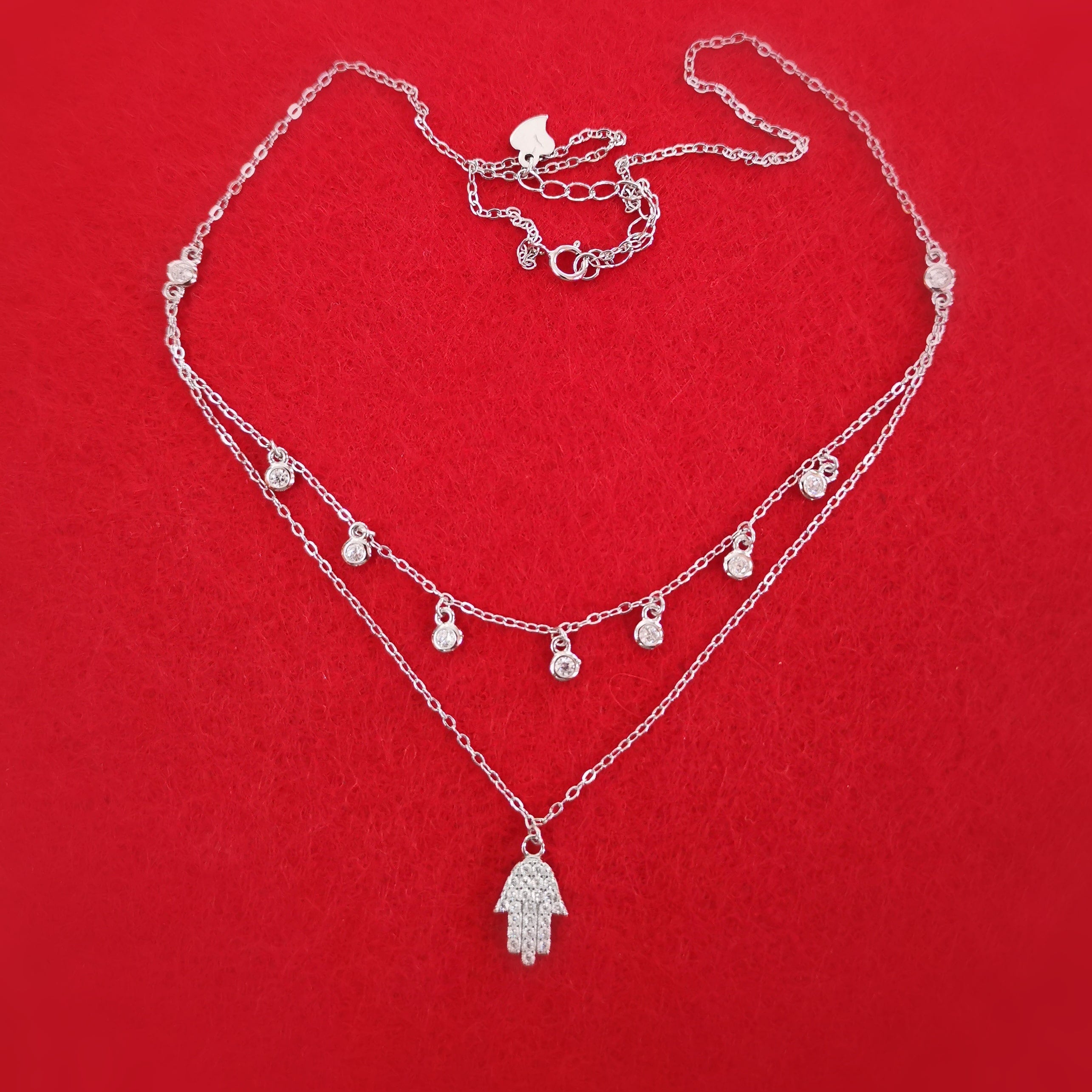 schützende Hand Fatimas Boho Karma Kette Doppelkette Sterlingsilber mit Zirkon