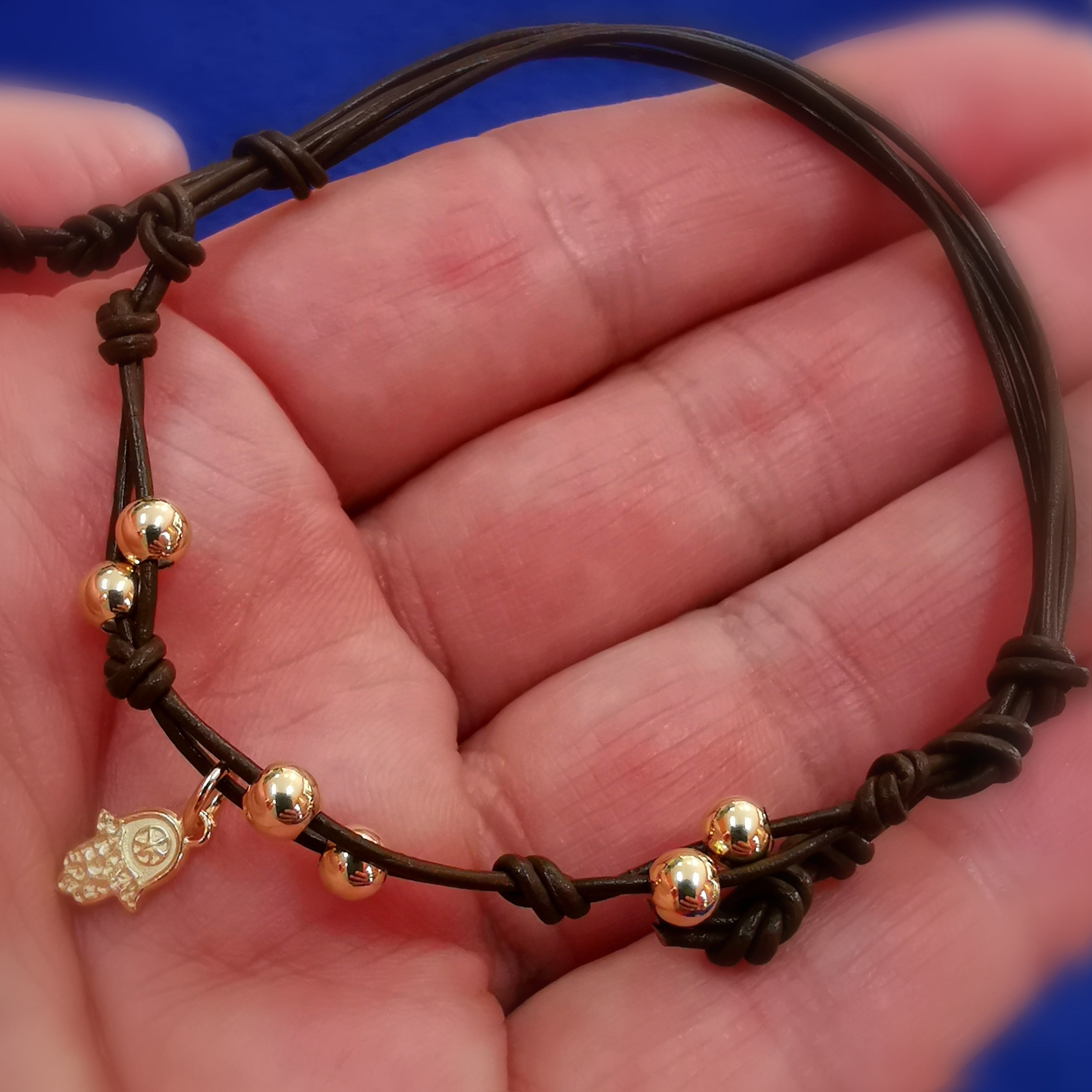 schützende Hand Fatimas Gold Leder Karma Armband vergoldet