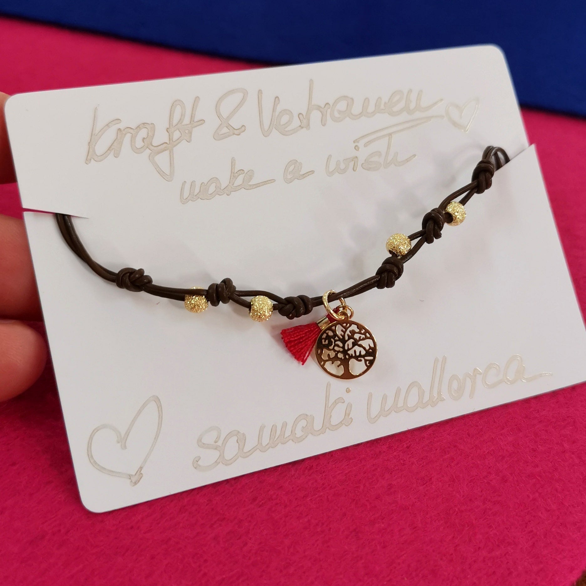 Baum des Lebens Lebensbaum Gold Leder Boho Armband, Karma Glücksarmbändchen geweiht, Kraft und Vertrauen