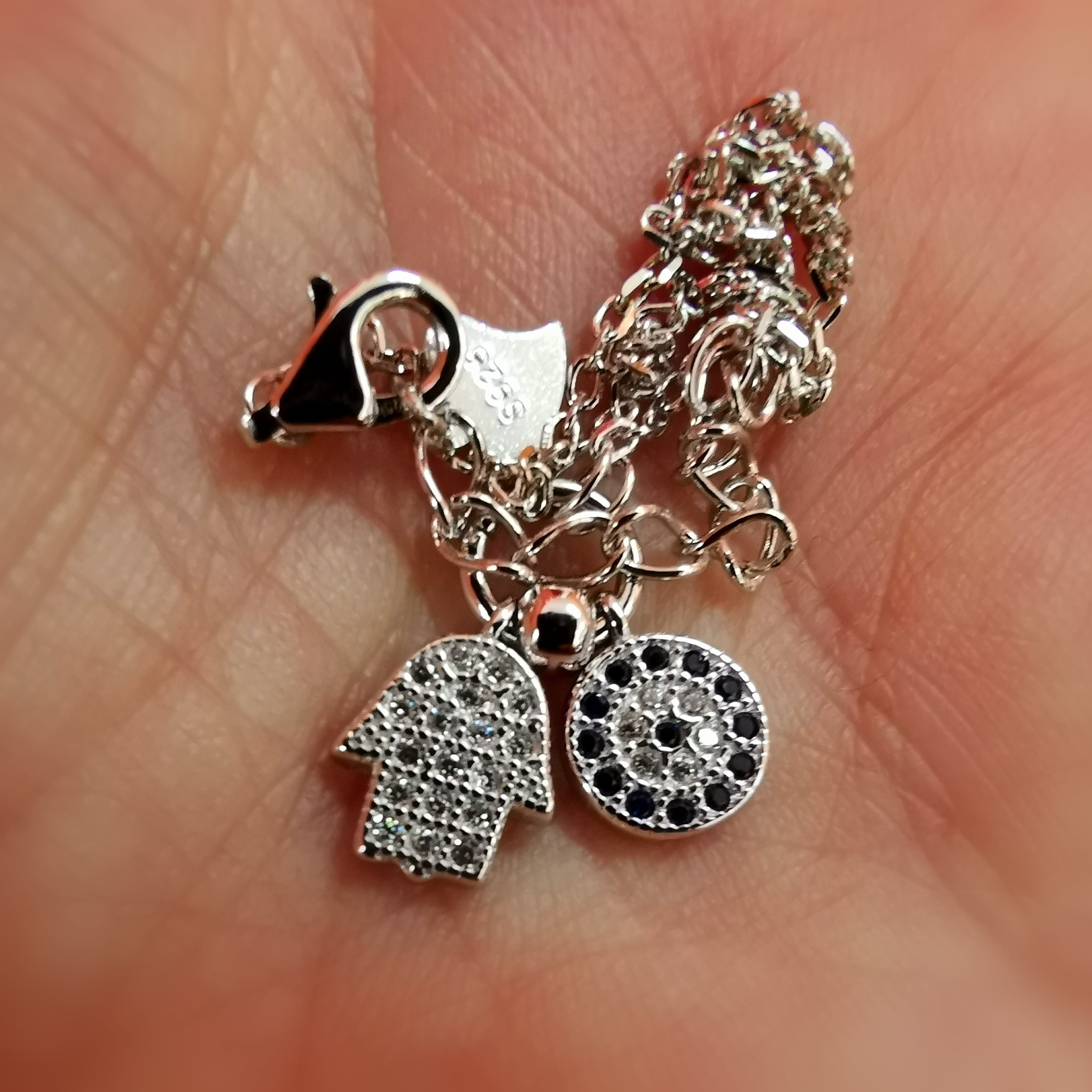 schützende Hand Fatima Auge von Nazar Sterlingsilber Charm Karma Armband Glücksarmband, Türkisches Auge, Schutz und Glück