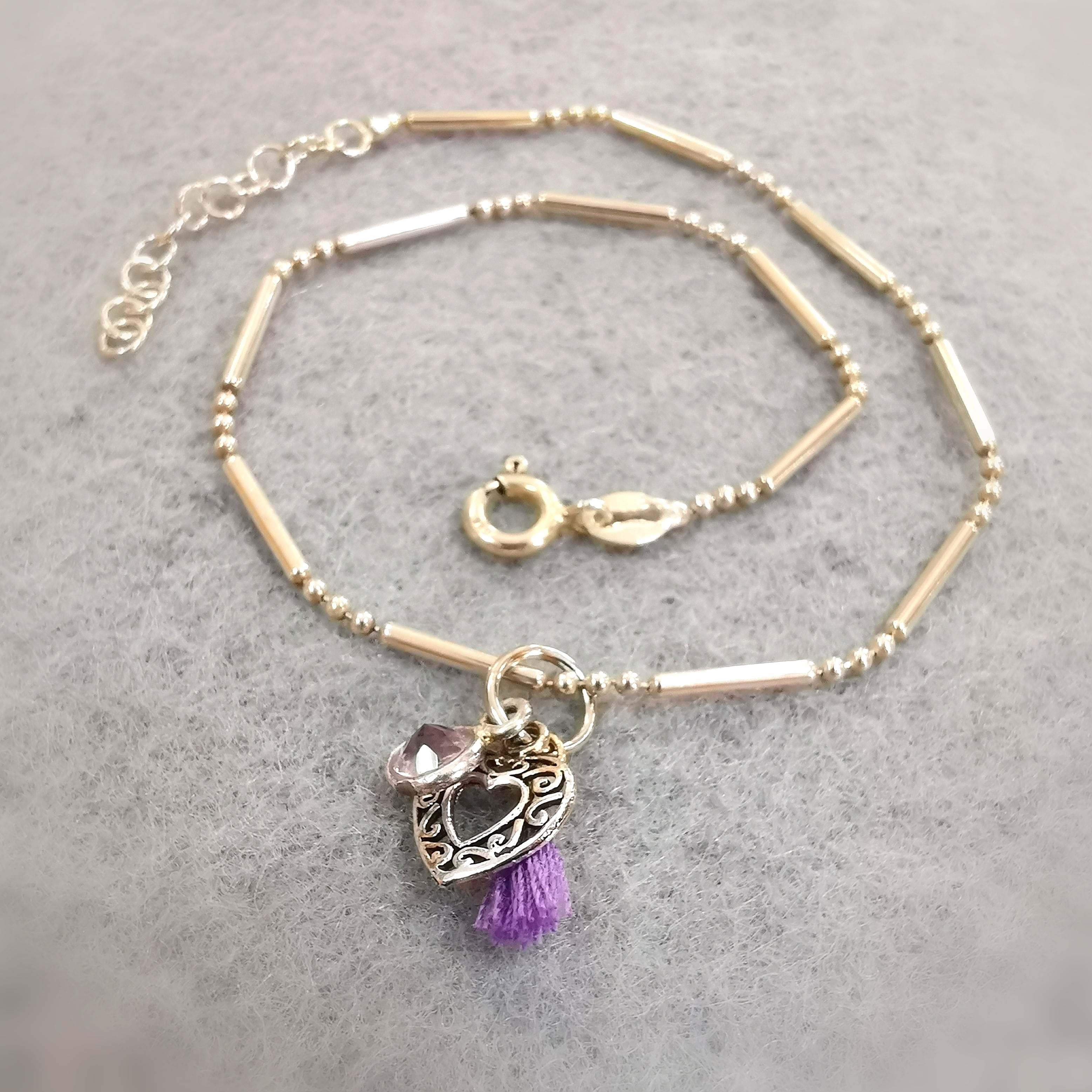 Amethyst Sterlingsilber Herz Armband L / XL Fusskettchen Schmuck, Boho KarmaSchmuck, geweiht, leichte Wege