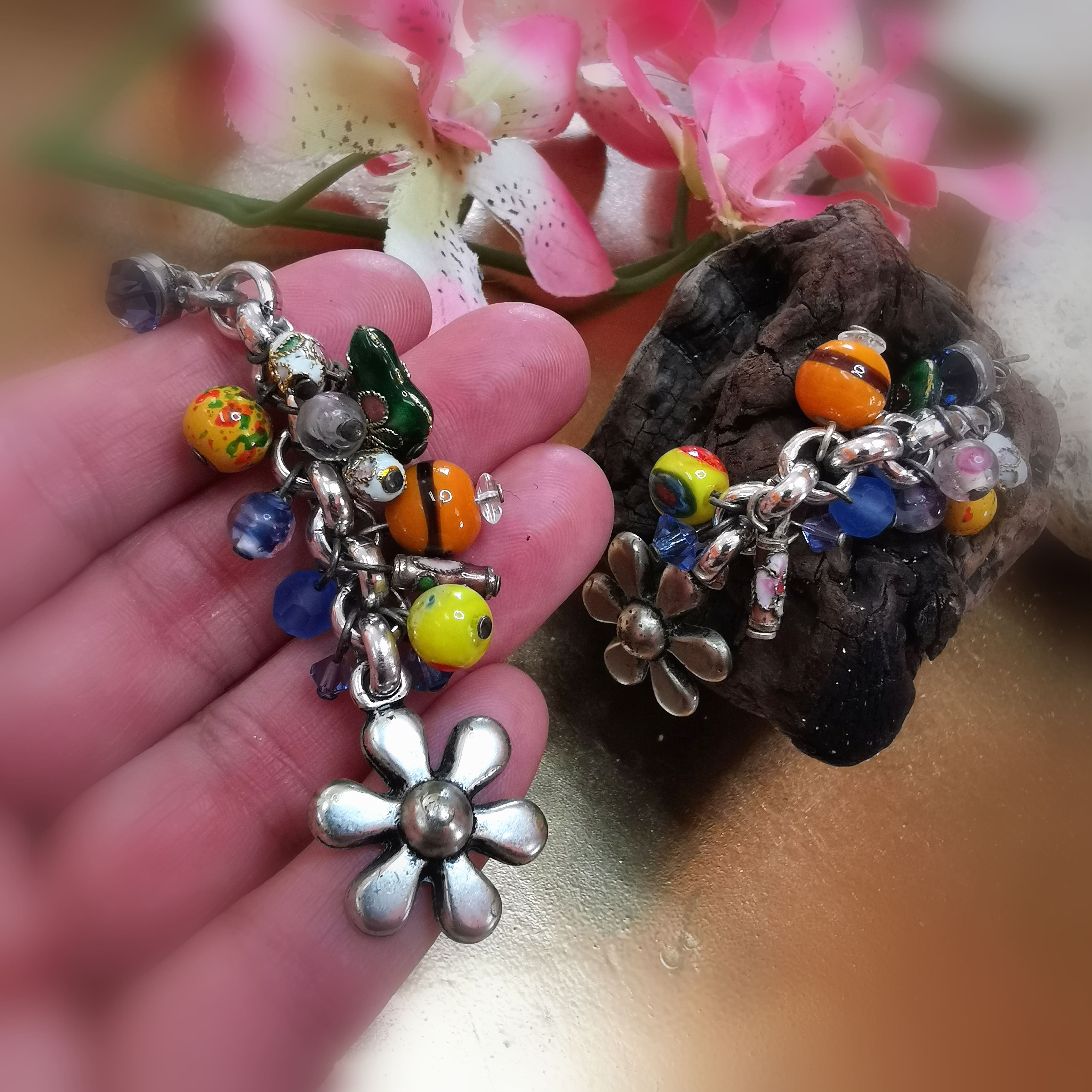 Boho Vintage Hippie Ohrringe bunt silberfarben, üppige lange Ohrstecker