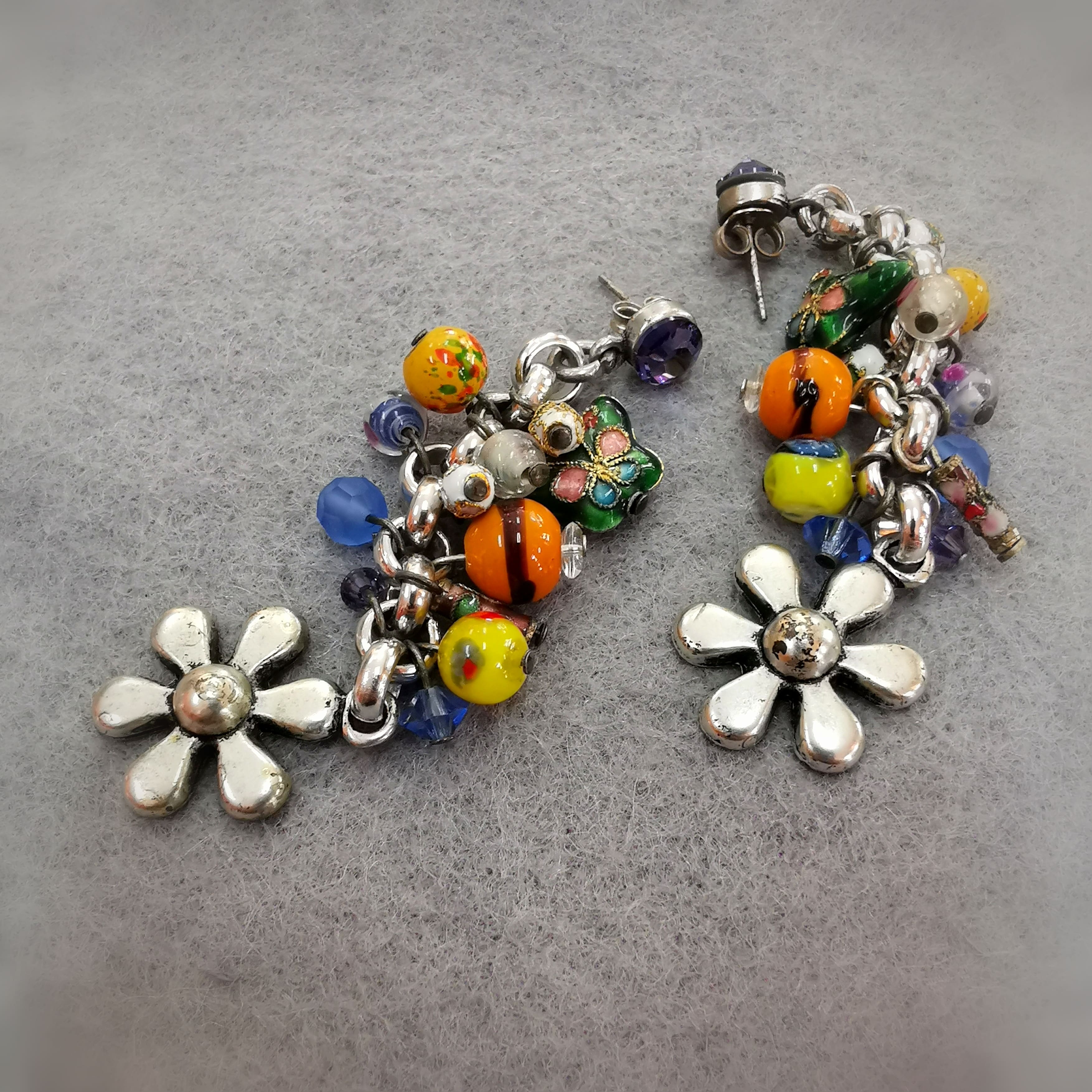 Boho Vintage Hippie Ohrringe bunt silberfarben, üppige lange Ohrstecker