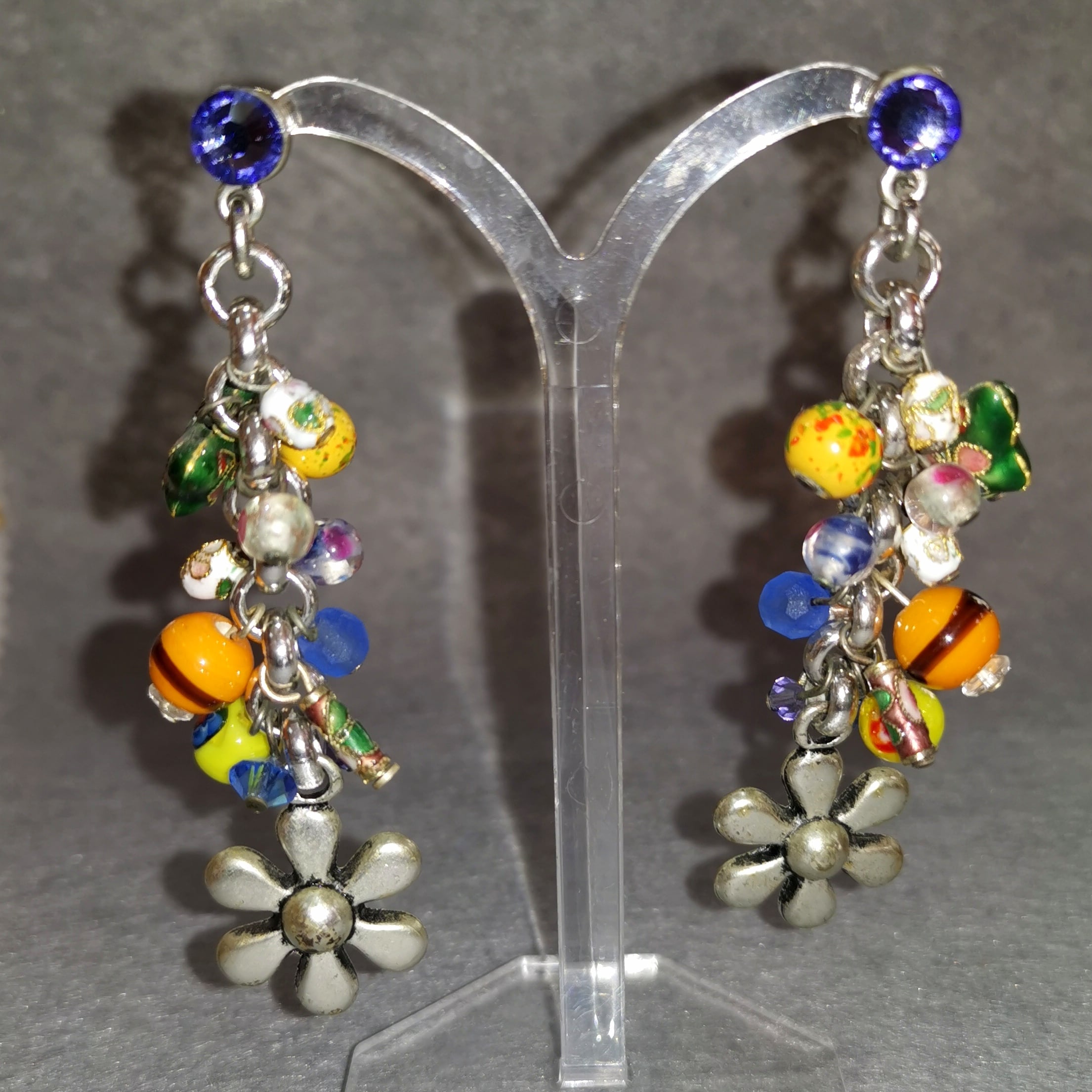 Boho Vintage Hippie Ohrringe bunt silberfarben, üppige lange Ohrstecker