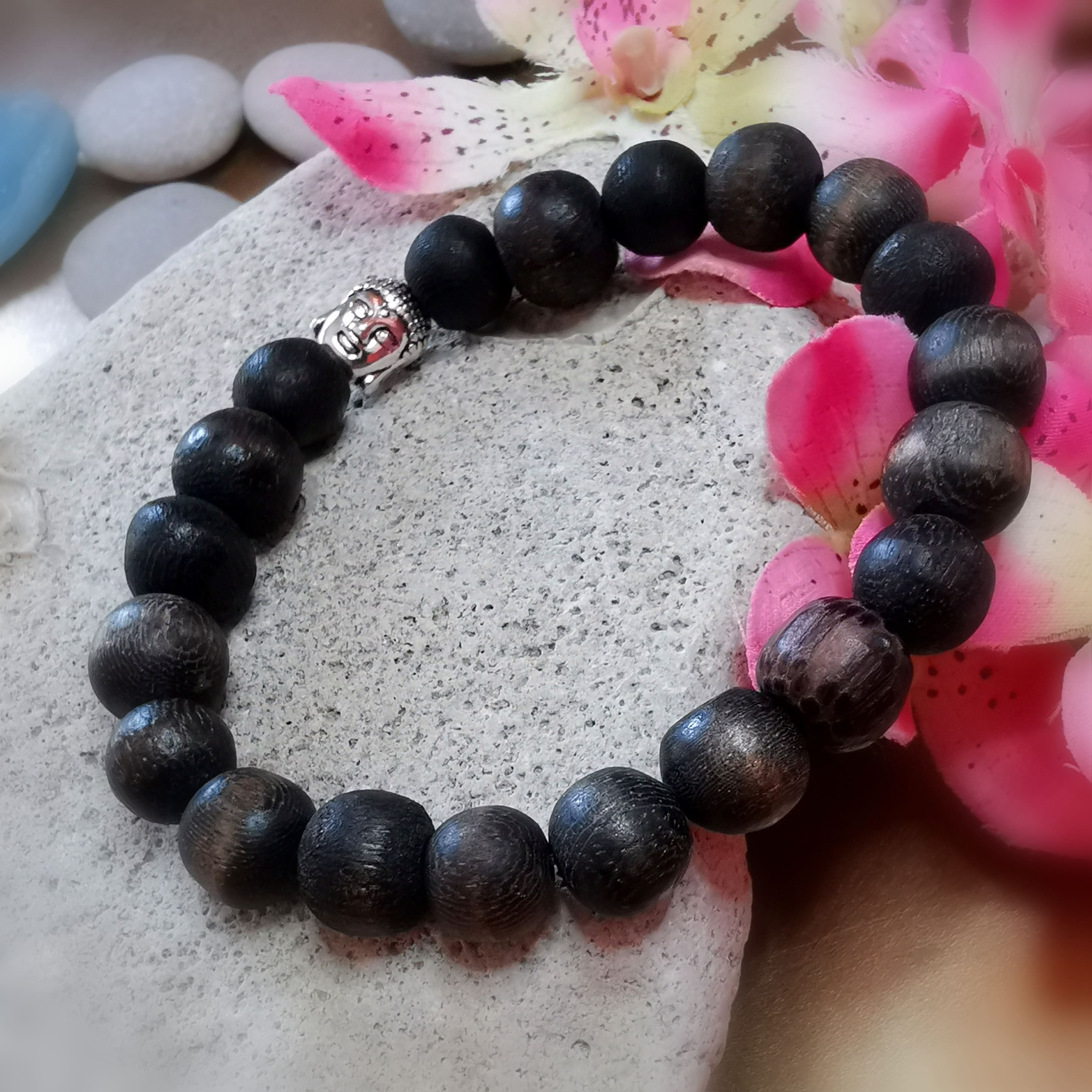 Holz Buddha Armband schwarz Unisex, Karma Schmuck für Meditation, Kraft und Gelassenheit