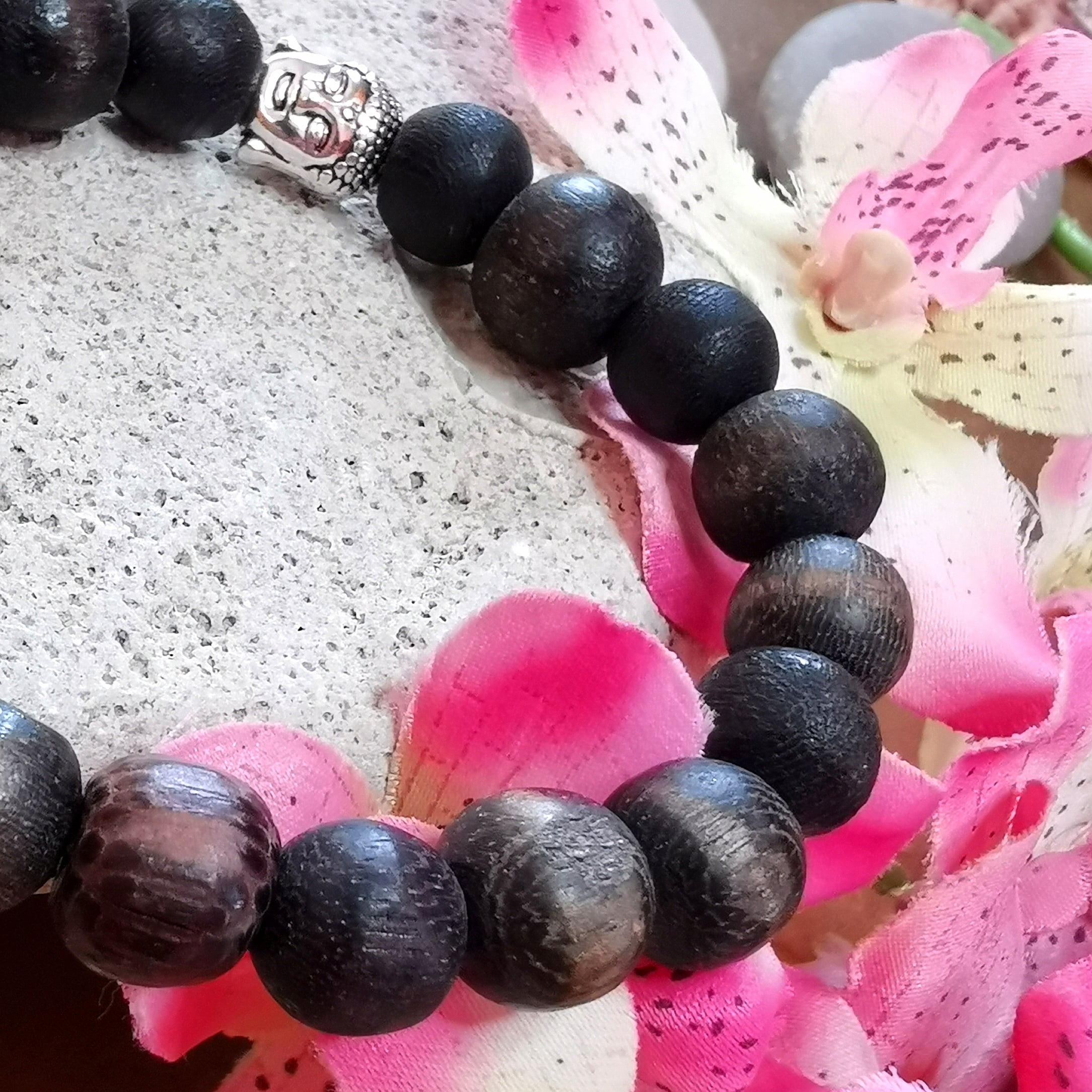Holz Buddha Armband schwarz Unisex, Karma Schmuck für Meditation, Kraft und Gelassenheit