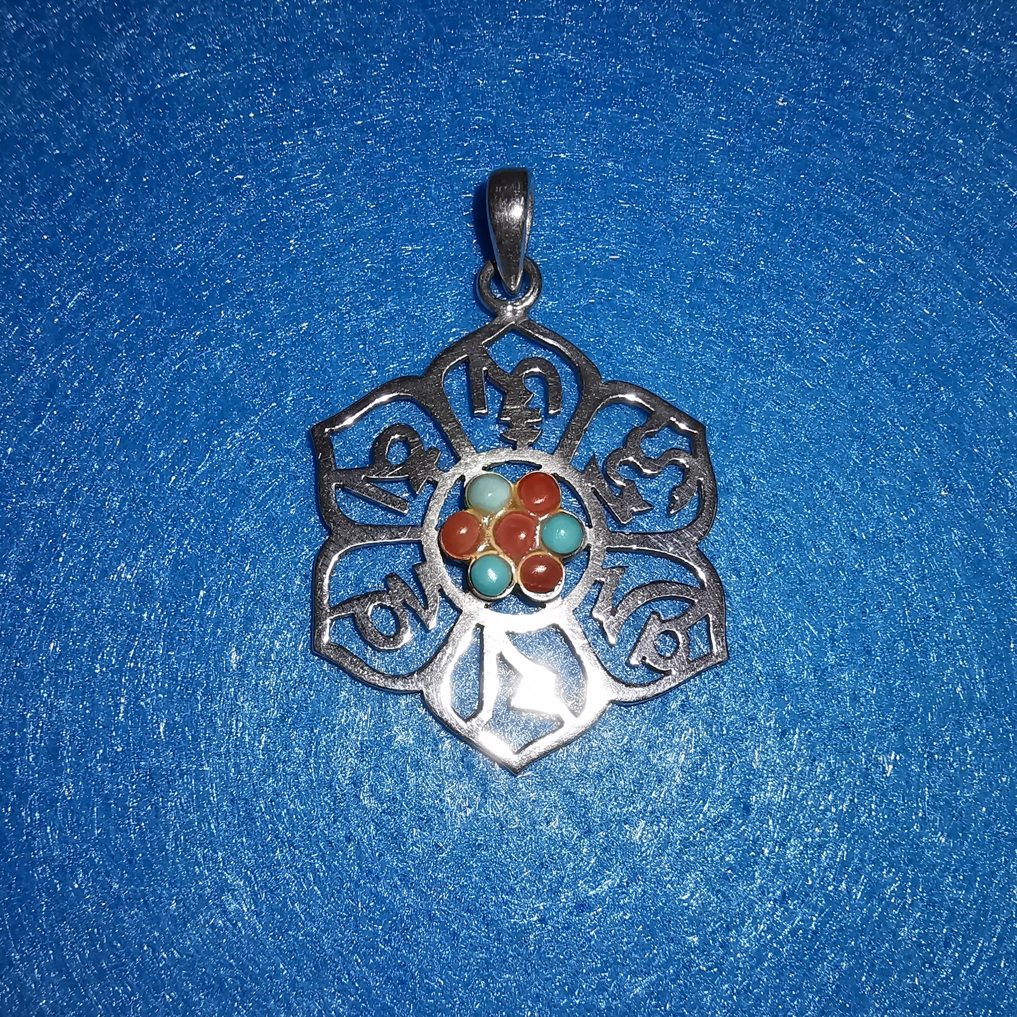 om mani padme hum Lebensblume Talisman Edelstein Sterlingsilber Anhänger, Tibet Schmuck, Gelassenheit