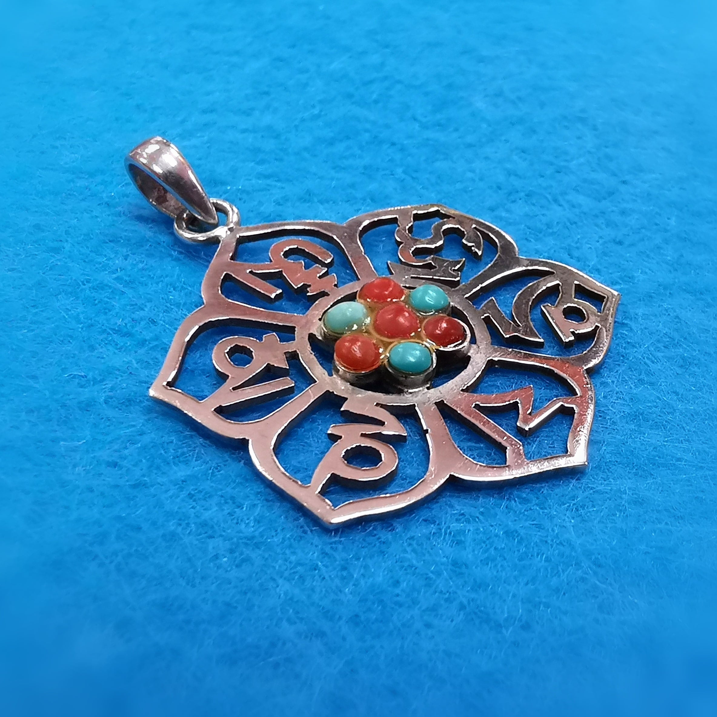 om mani padme hum Lebensblume Talisman Edelstein Sterlingsilber Anhänger, Tibet Schmuck, Gelassenheit
