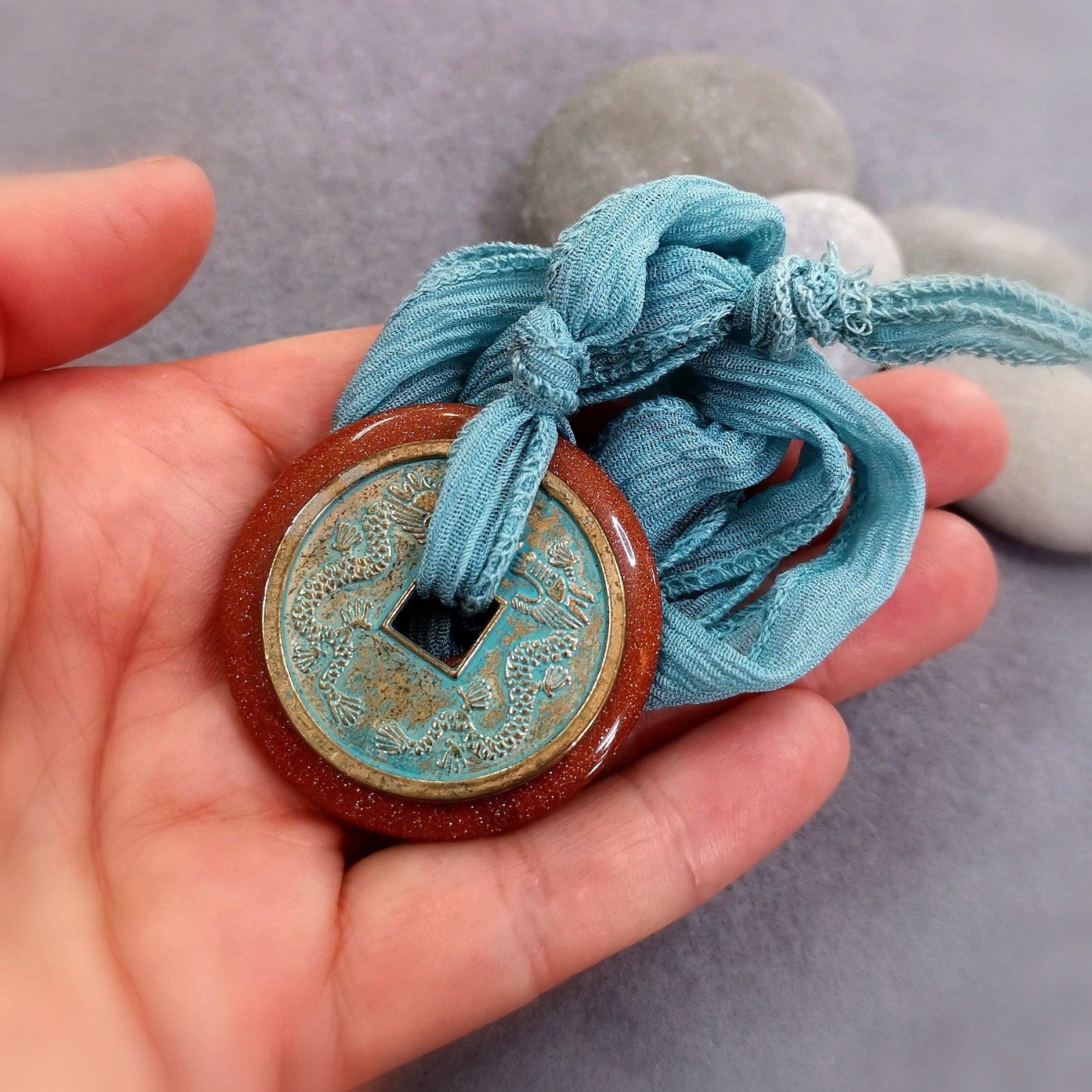 Gold Aventurin Edelstein Donut Lebenskreis, Chiffon Kette Glücksmünze - positive Lebenseinstellung