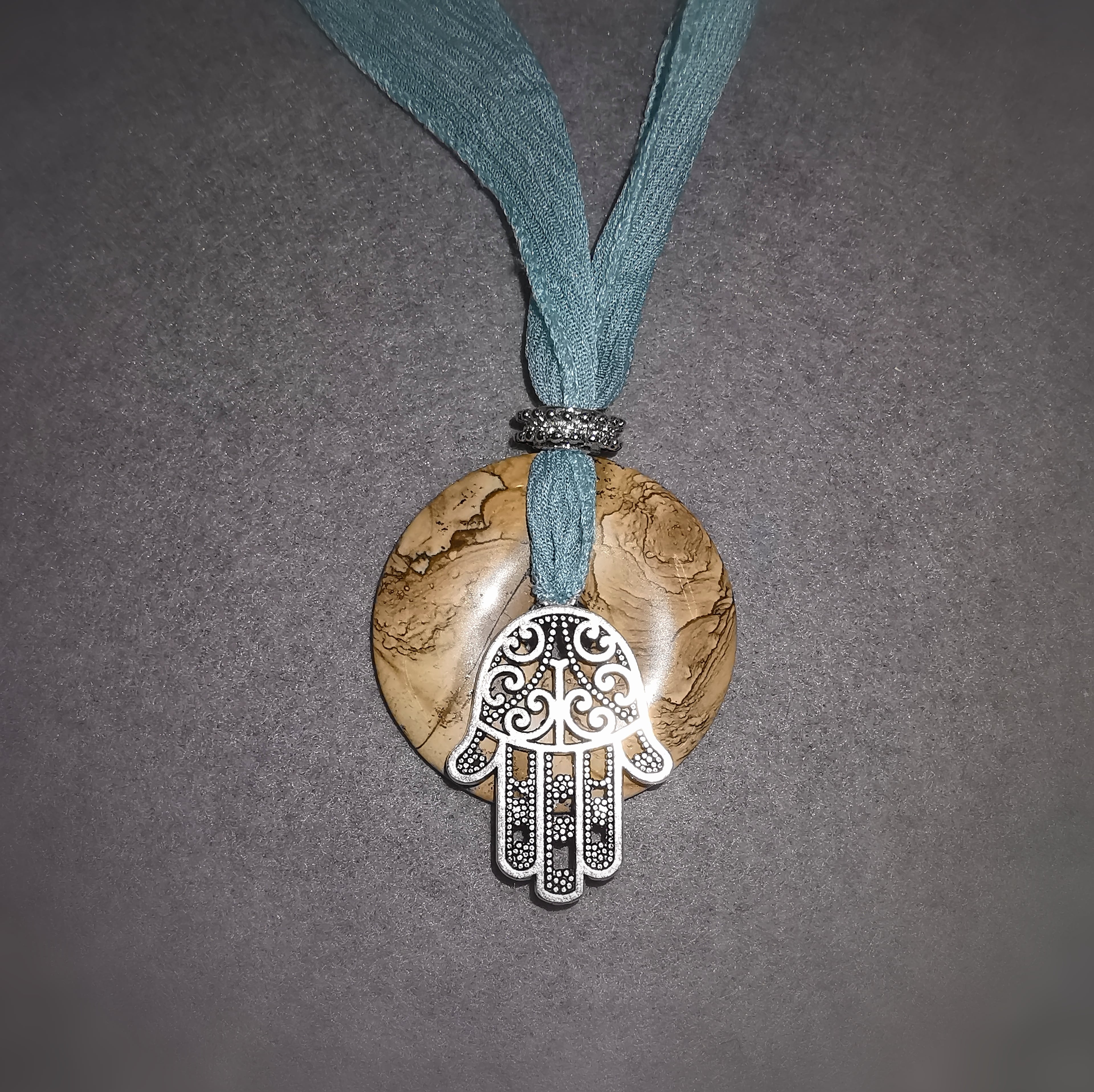 Landschaftsjaspis Jaspis Lebenskreis Donut Edelstein Chiffon Kette, Schützende Hand Fatimas Boho Hippie Schmuck