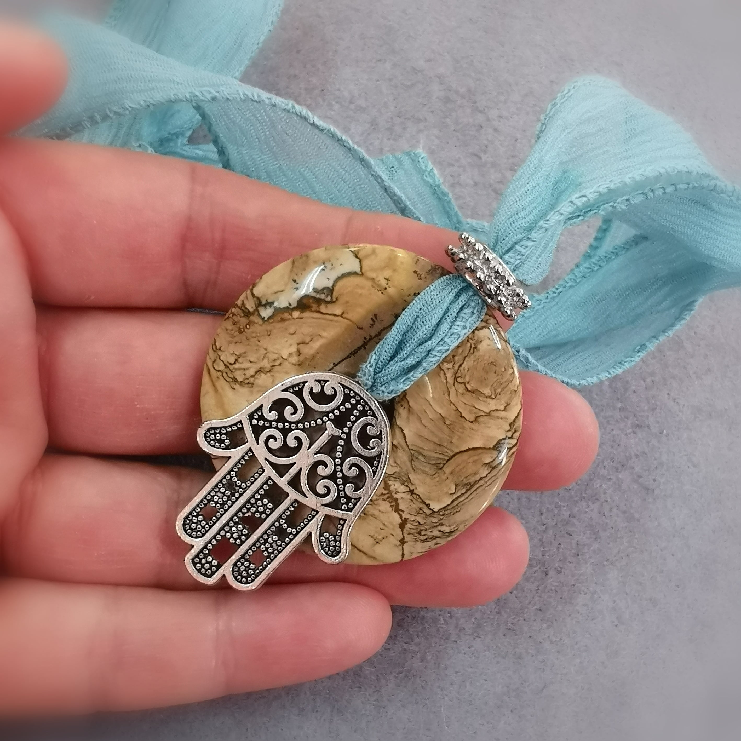 Landschaftsjaspis Jaspis Lebenskreis Donut Edelstein Chiffon Kette, Schützende Hand Fatimas Boho Hippie Schmuck