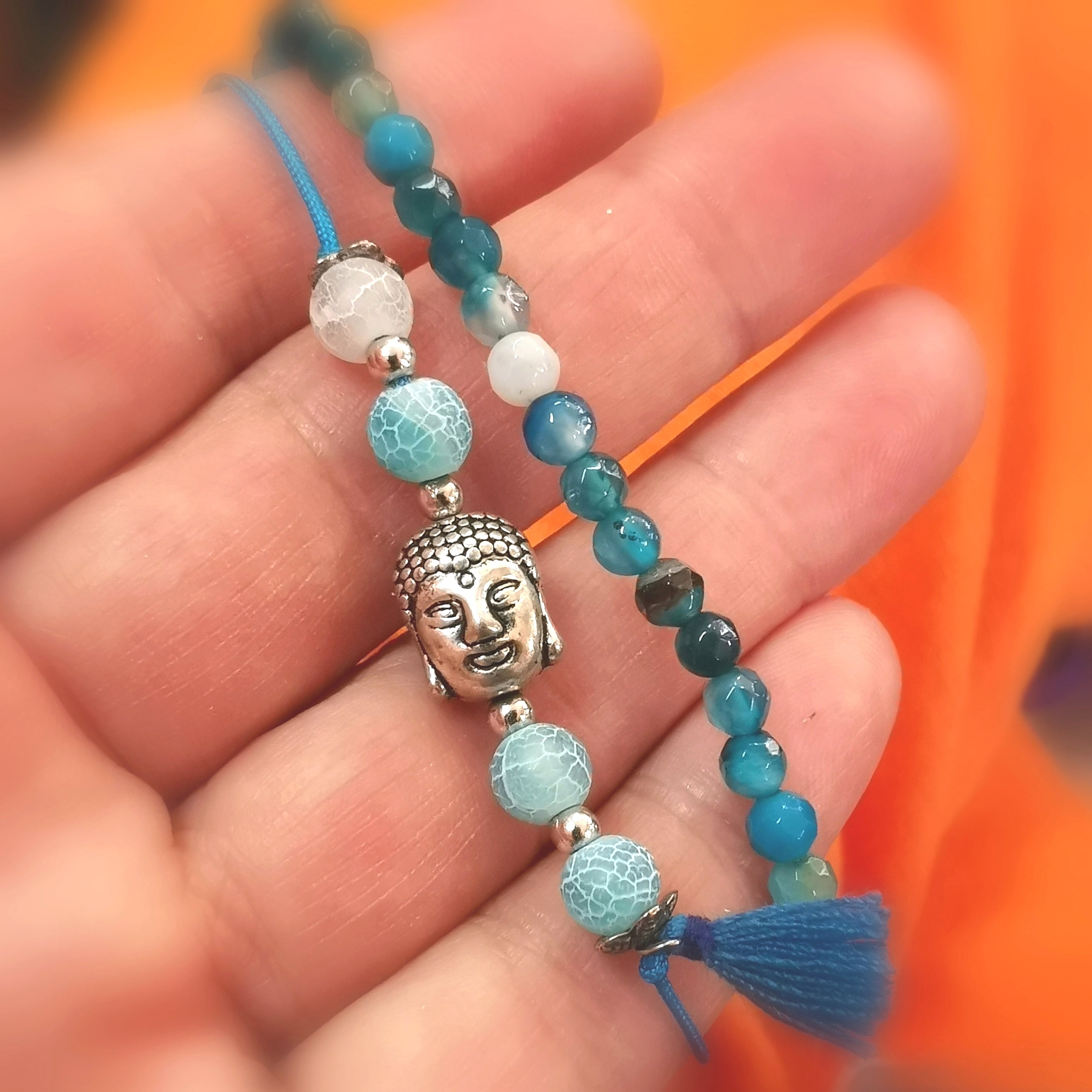 Conjunto de 2 pulseras conjunto de piedras preciosas ágata azul turquesa buda karma joyería, pulsera de moda boho hippie, consagrada - serenidad