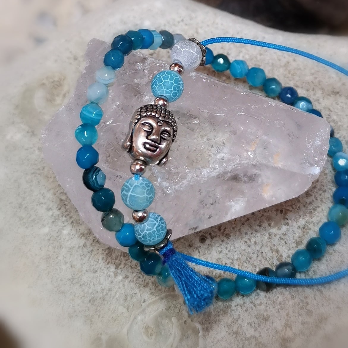 2-piece bracelet set gemstone agate blue turquoise Buddha karma jewelry, boho hippie fashion bracelets, consecrated - serenity