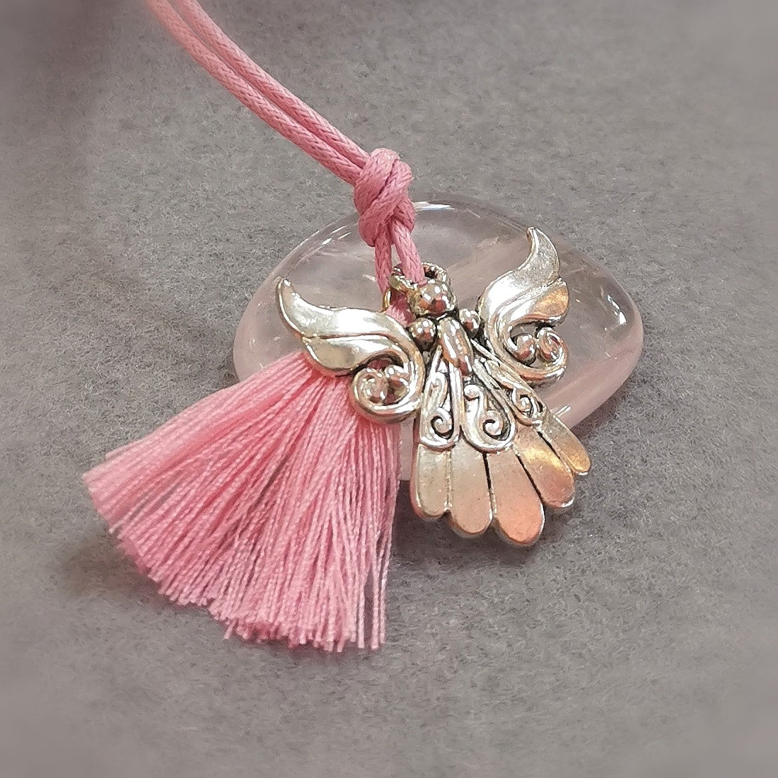 Schutzengel Karma Kette, Metall Baumwolle rosa Quaste, geweiht - Engel der Liebe