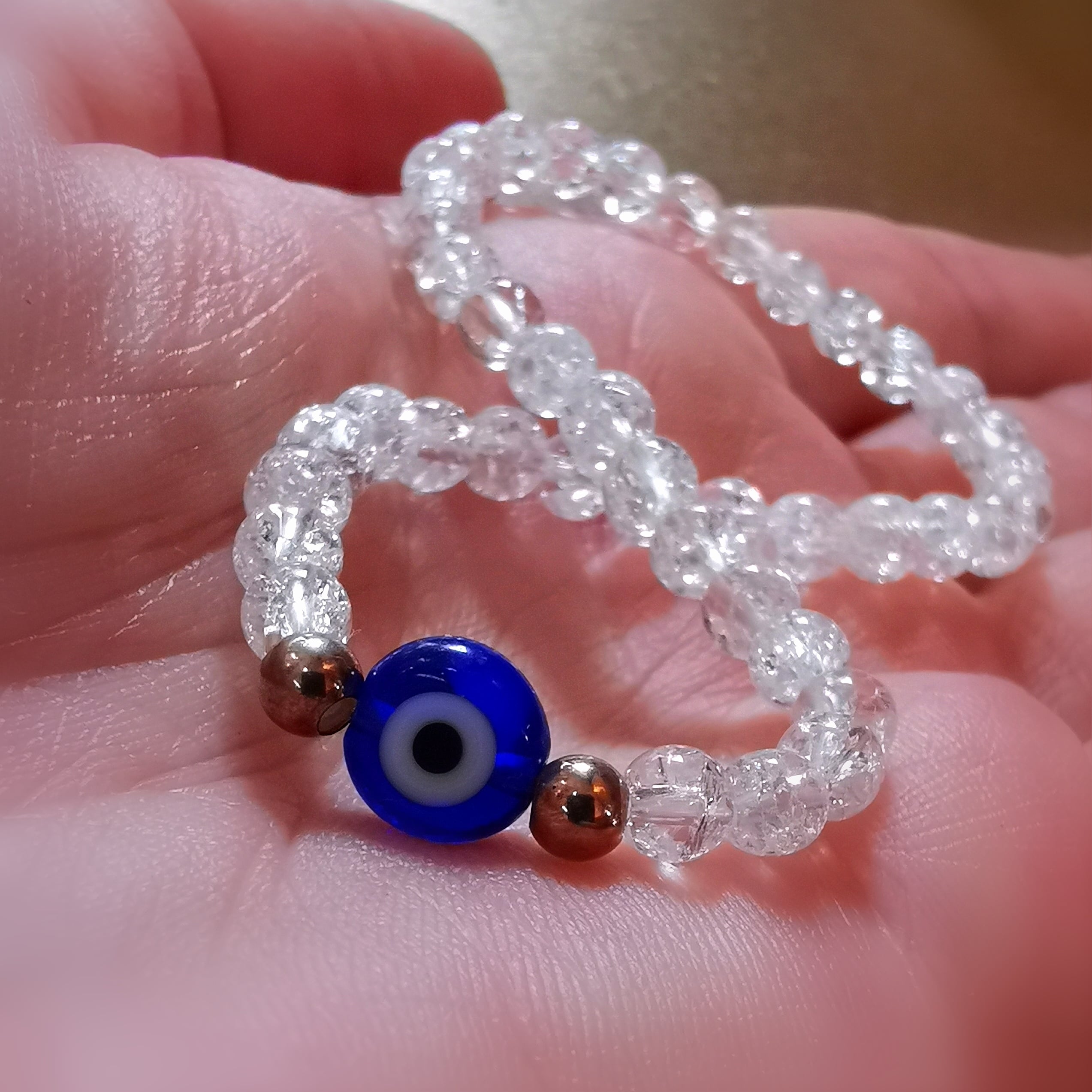 Bergkristall "crushed ice" Karma Edelstein Heilstein Armband Türkisches Auge, geweiht - Schutz und Freier Energiefluss
