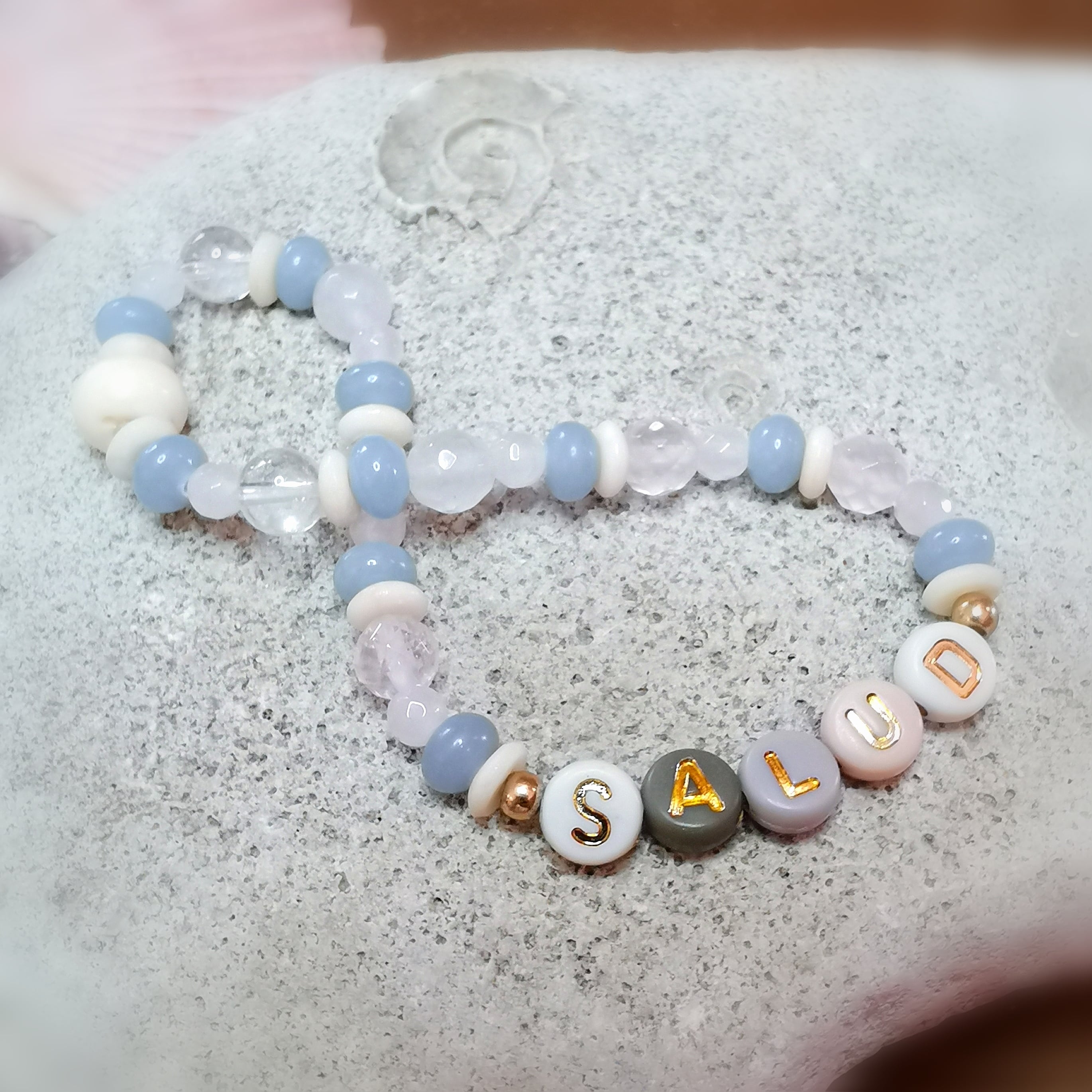 silent words, heart's desires: salud health, angelite rose quartz bone, consecrated, karma gemstone bracelet