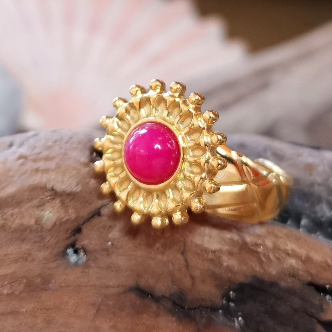 Goldring Edelstein Messing Hippie Boho Fingerring, pink Achat, das Leben geniessen