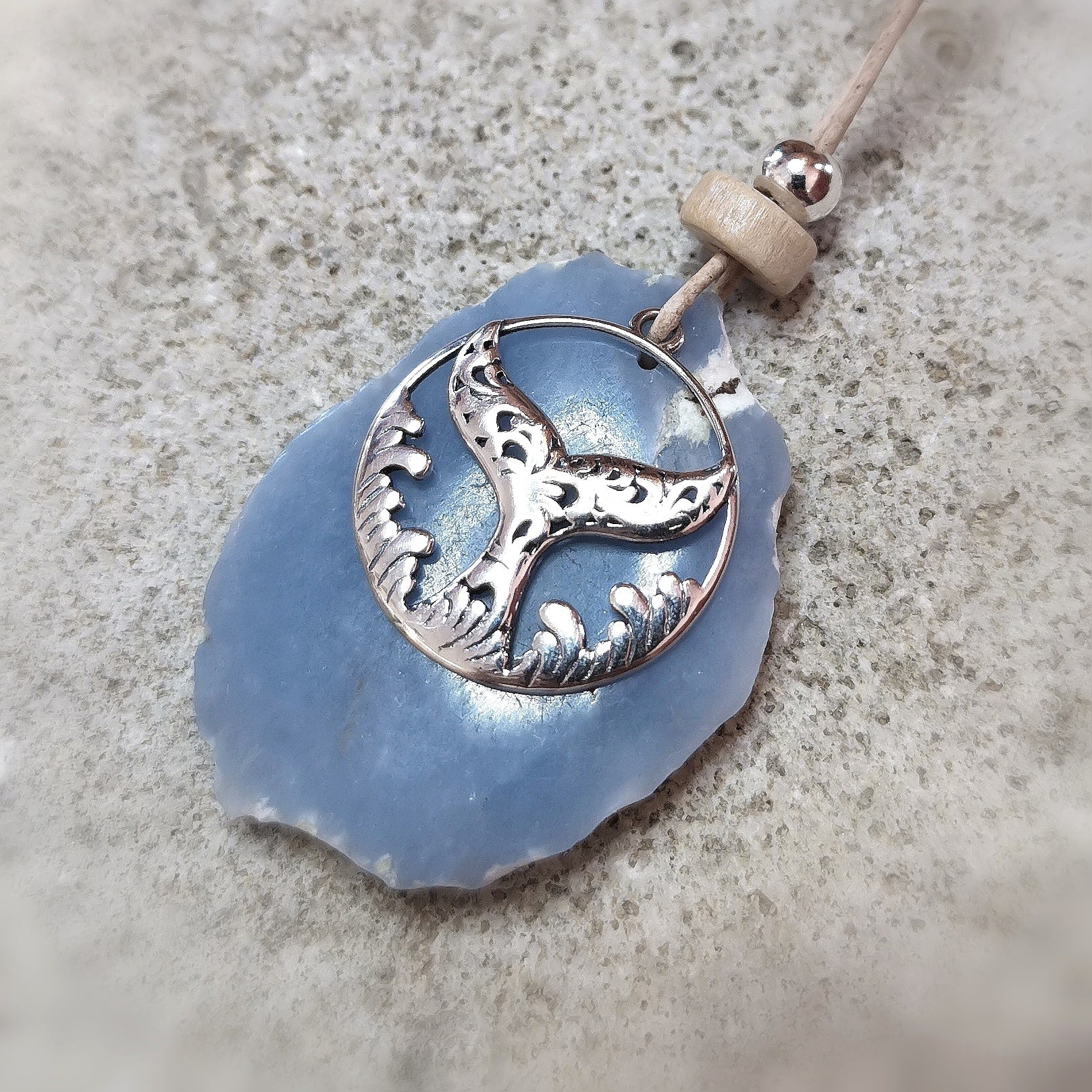 Angelit Edelstein Wal Flosse Meer Amulett, Krafttier Karma Leder Kette #frei