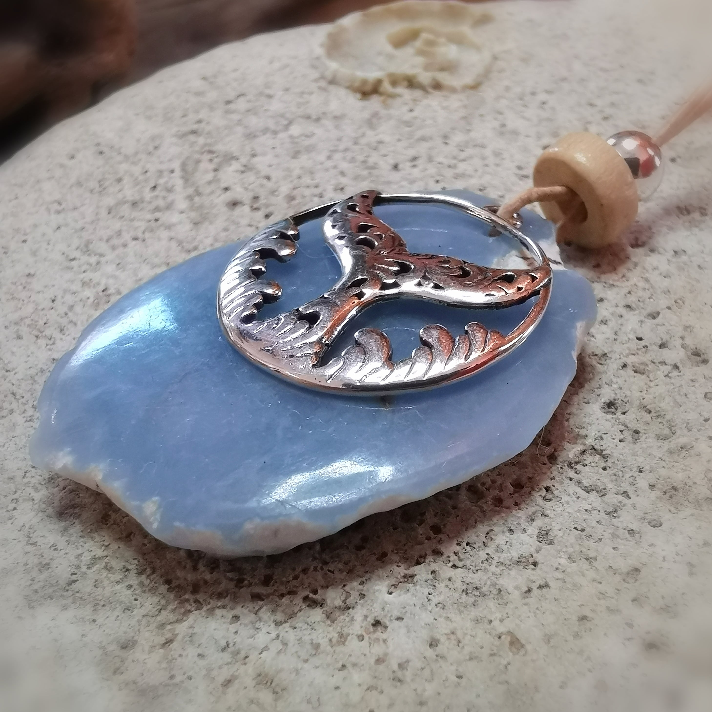 Angelit Edelstein Wal Flosse Meer Amulett, Krafttier Karma Leder Kette #frei