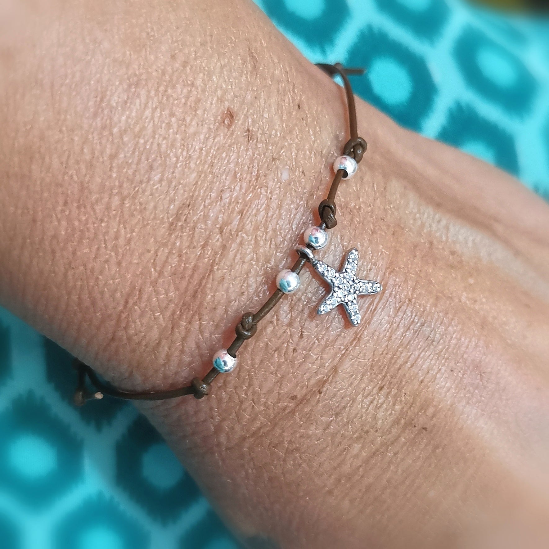 Seestern Krafttier Karma Armband, Leder Sterlingsilber Zirkone, Zeit für Wunder