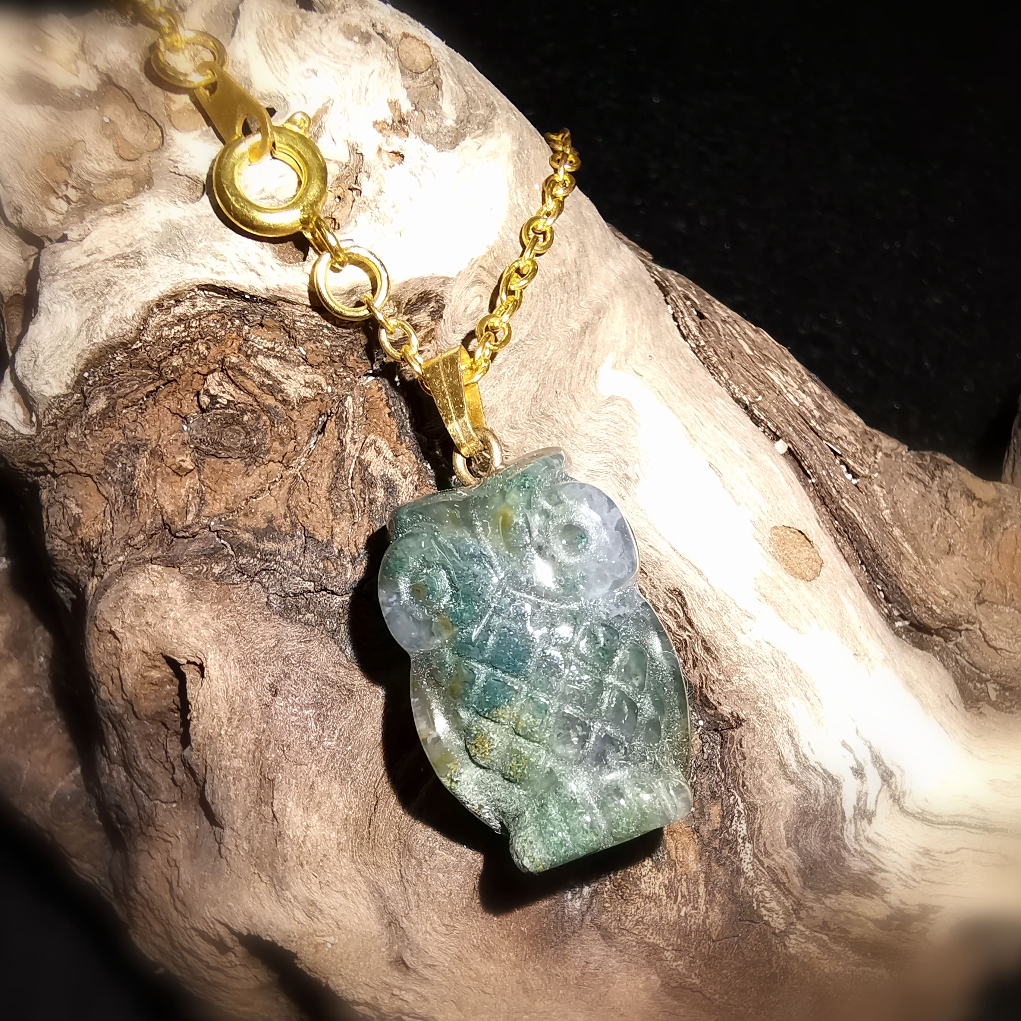 Búho Moss Agate Verde Piedra Preciosa Colgante Consagrado, Collar de Joyería Sabiduría Karma