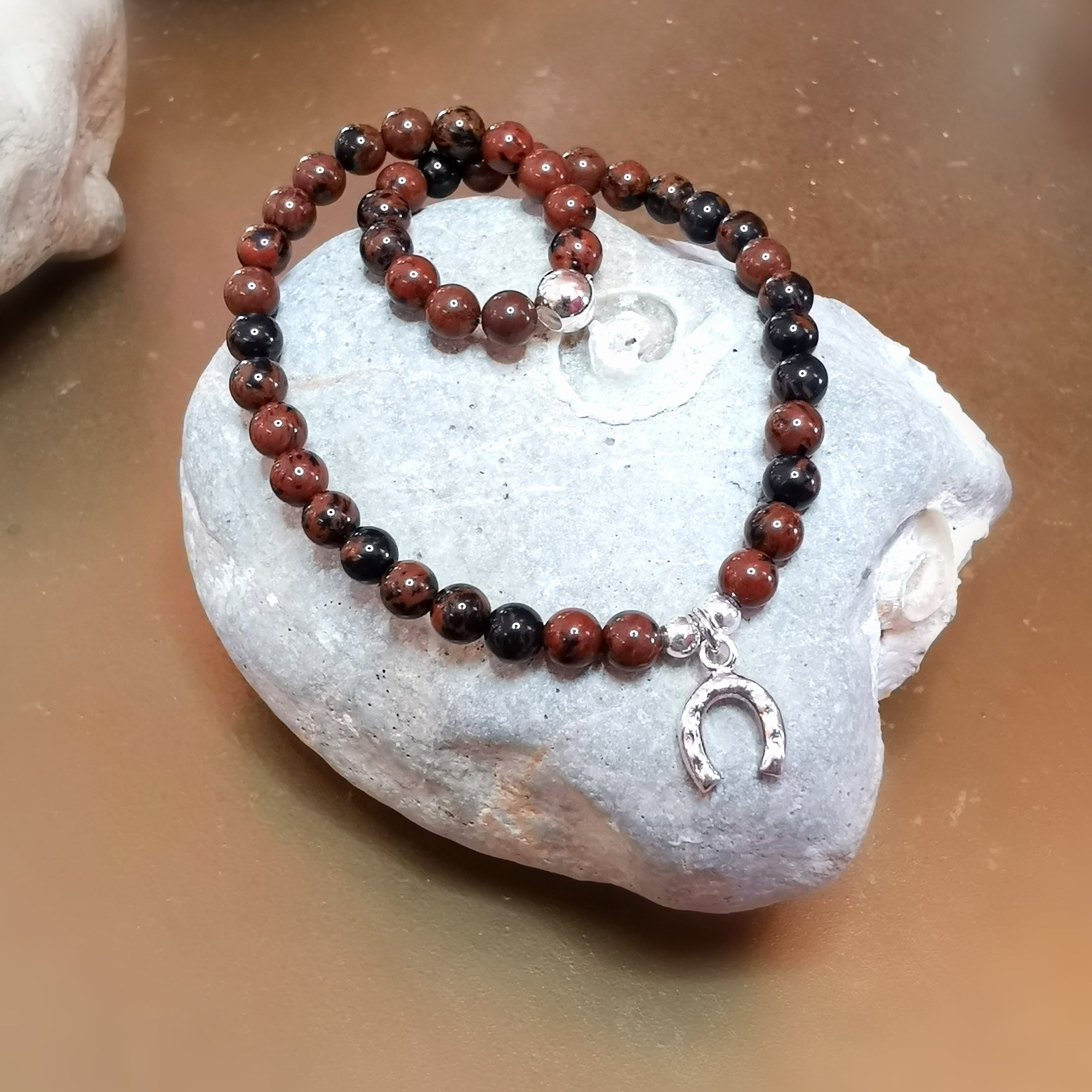 Mahagoni Obsidian Edelstein Sterlingsilber Hufeisen Charm Karma Armband, glückliche Wege