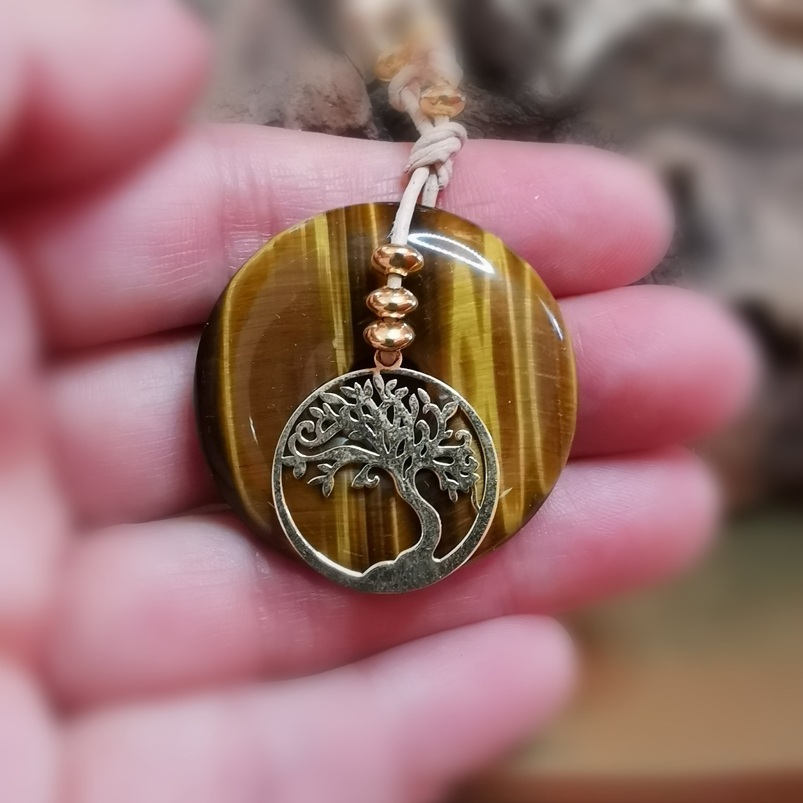 Lebensbaum Gold Charm Tigerauge Donut Edelstein Lebenskreis, Leder Karma Kette - neue Kraft