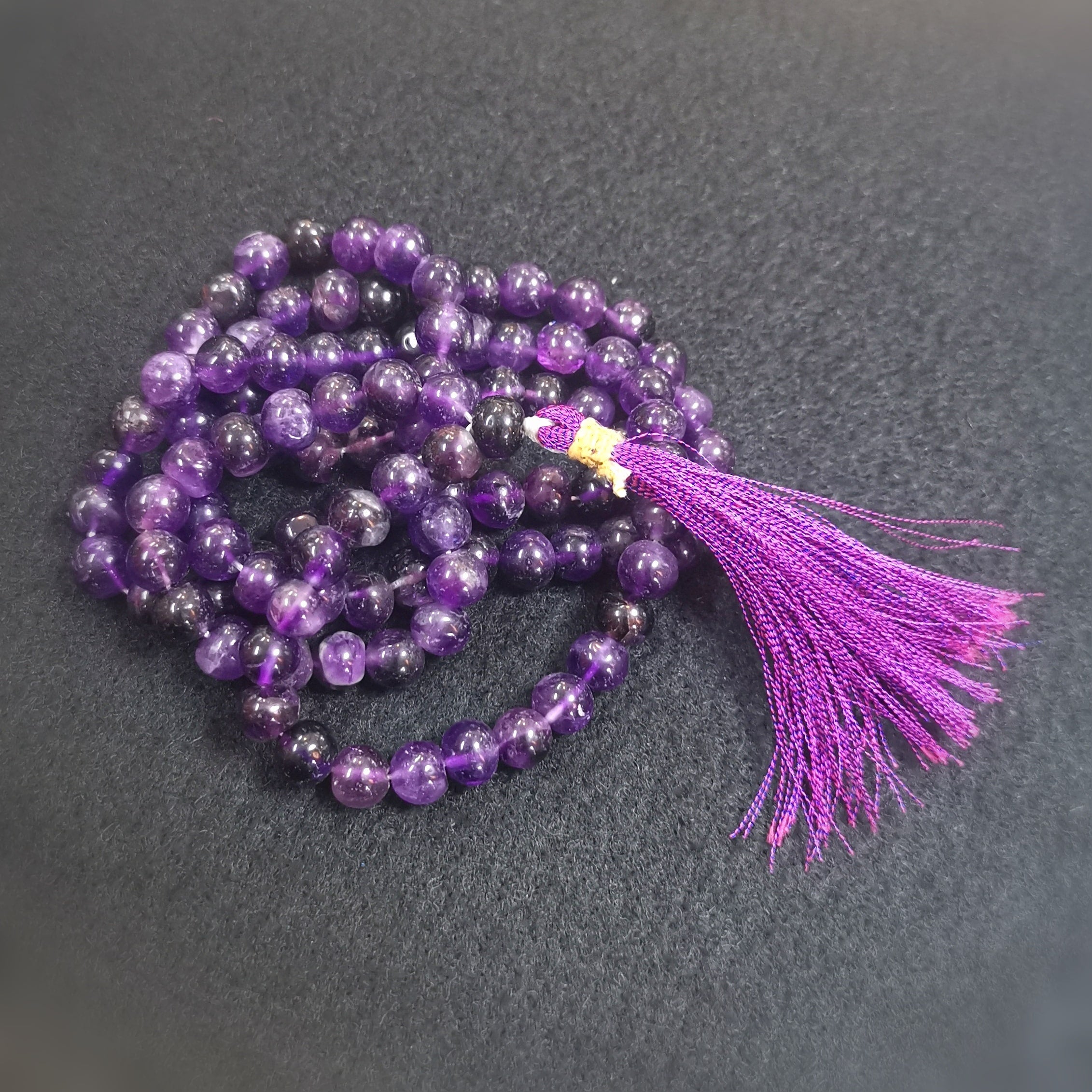 Mala Amethyst Edelstein Karma Heilstein Kette, Meditation Gebet Boho Mode, Durchatmen