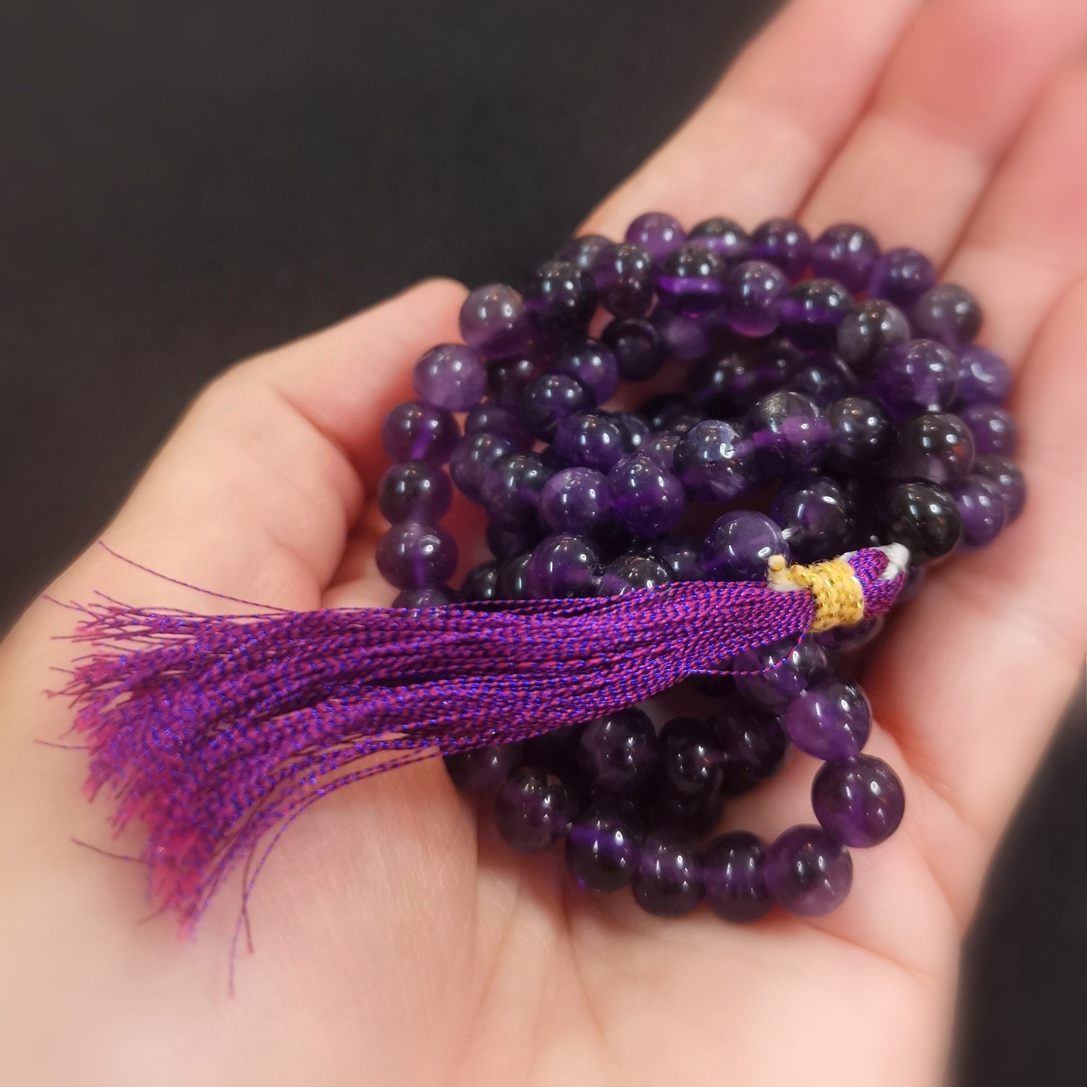 Mala Amethyst Edelstein Karma Heilstein Kette, Meditation Gebet Boho Mode, Durchatmen