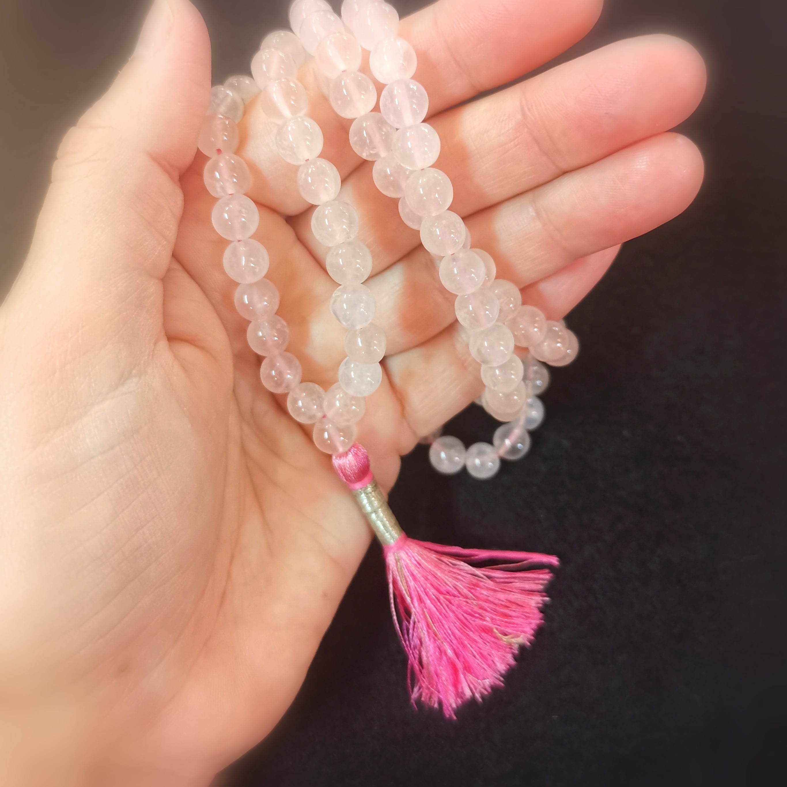 Rosenquarz Edelstein Heilstein Mala, Gebet Meditation, Karma Kettte mit rosa Quaste - Harmonie im Inneren