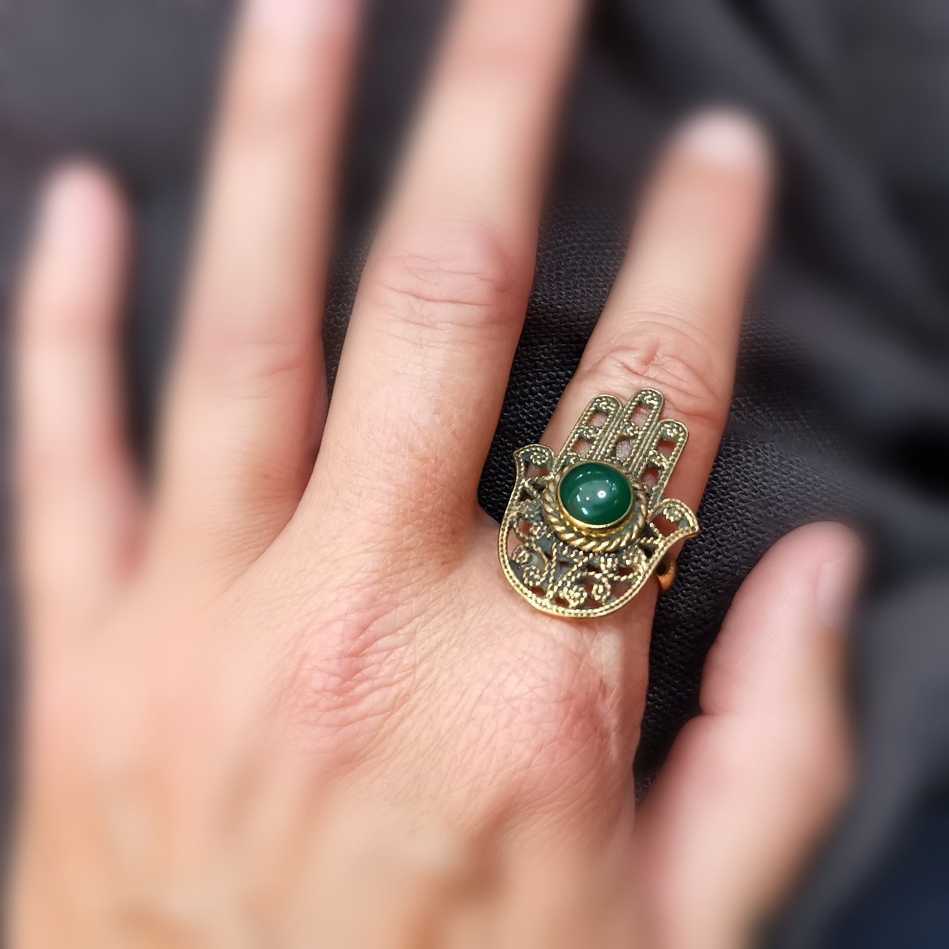 Jade Edelstein Boho Ring, heilende Hand, Größe 58 geweiht - Herzschutz