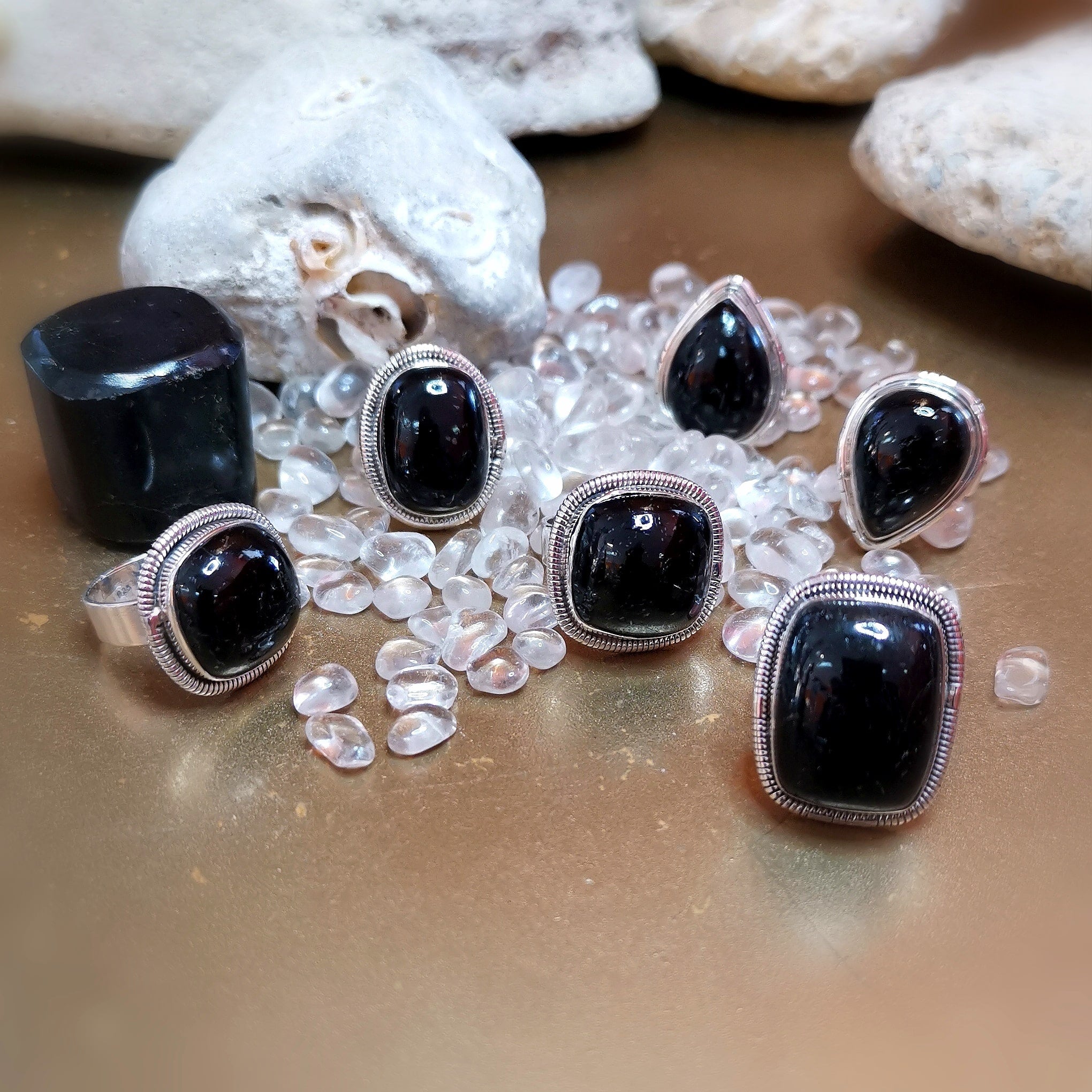 schwarzer Turmalin Edelstein Tropfen Sterlingsilber Karma Heilstein Ring, geweiht Aurastabilität