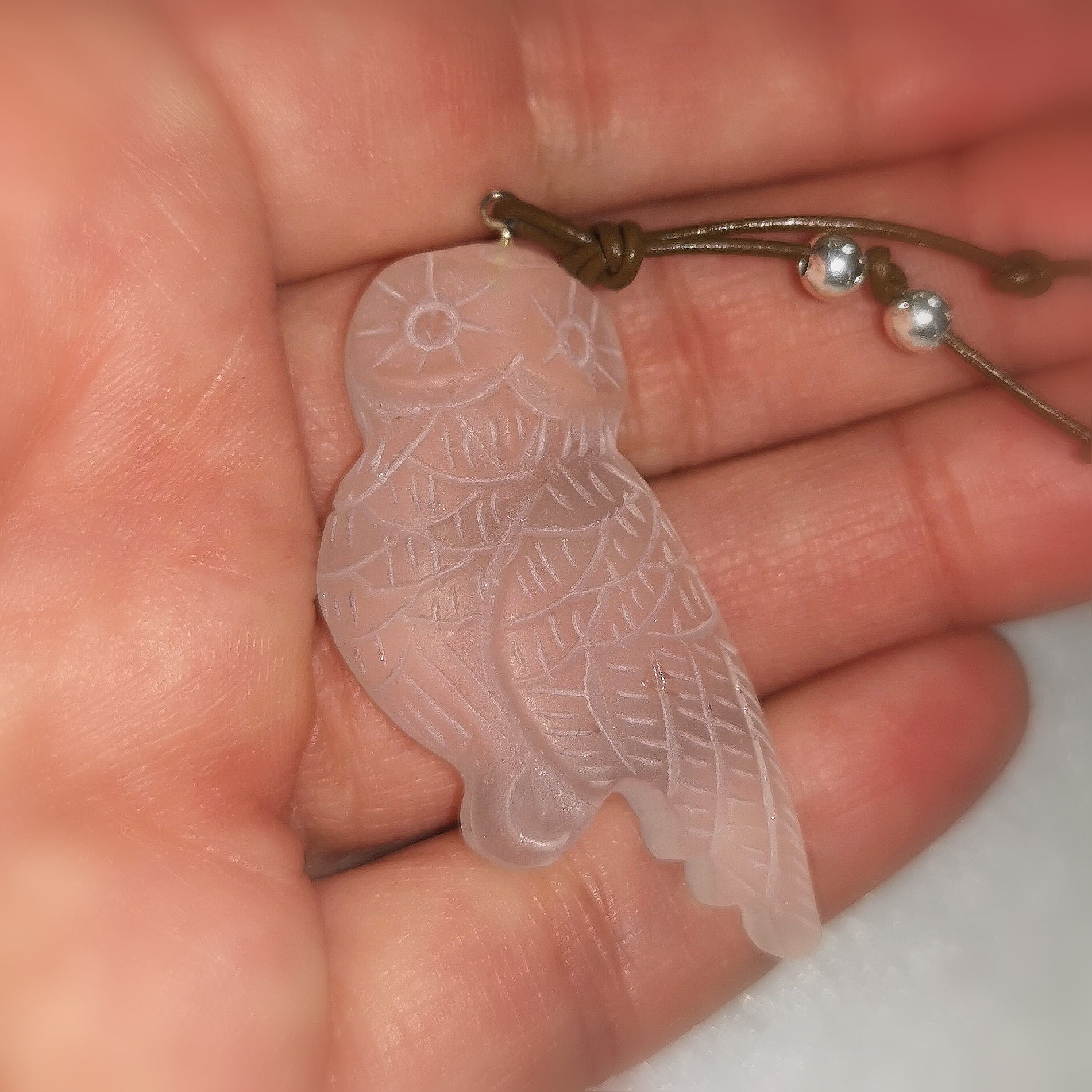 🦉 Eule - weises Krafttier, Karma Kette Leder Bergkristall geweiht für Vertrauen & Intuition