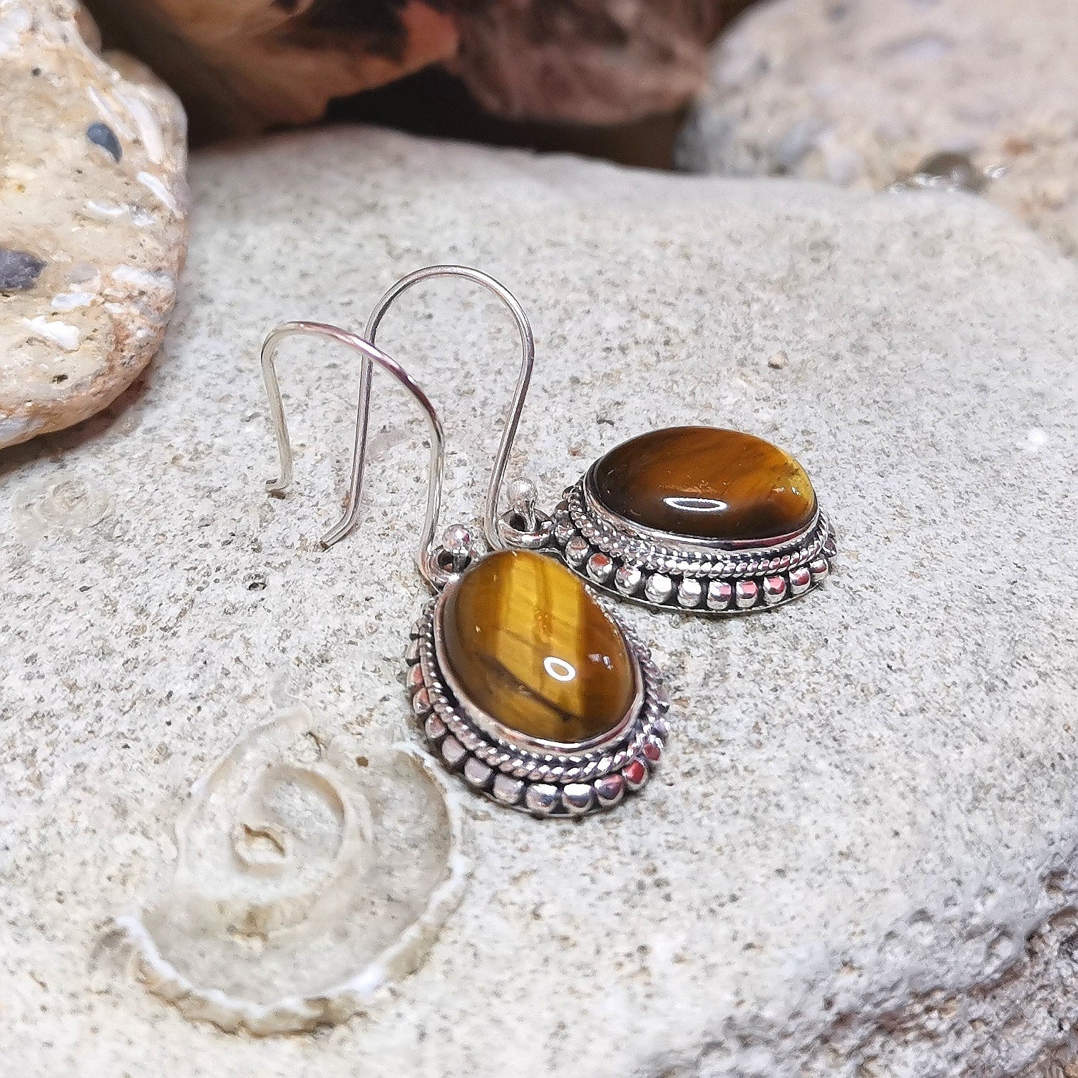 Tigerauge Edelstein Boho Ohrringe Sterlingsilber Heilstein Harmonie, Mut und Lebensfreude