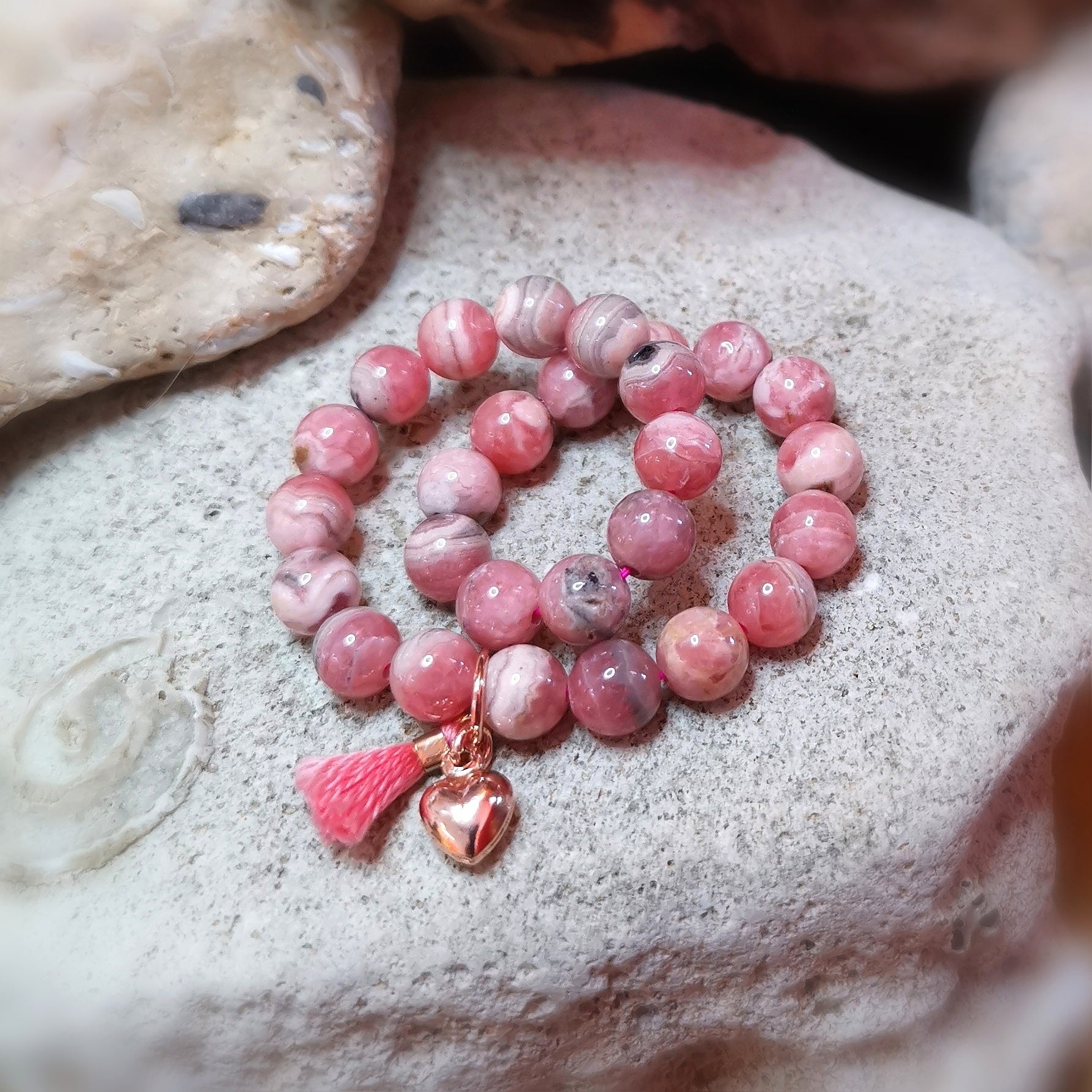 💗 Rhodochrosit Edelstein Herz Karma Armband – geweiht für Herzöffnung, Lebensfreude & innere Heilung