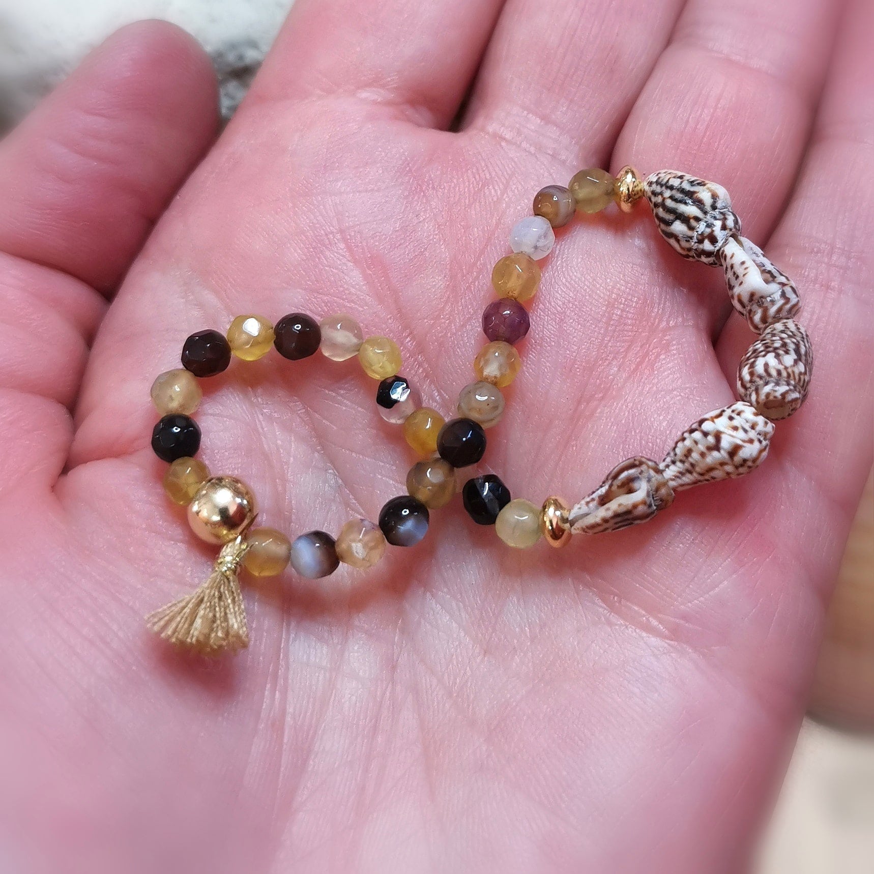 🌸 edles Kinder Talisman Edelstein Karma Armband – Achat, Muschel & Troddel – du bist wundervoll